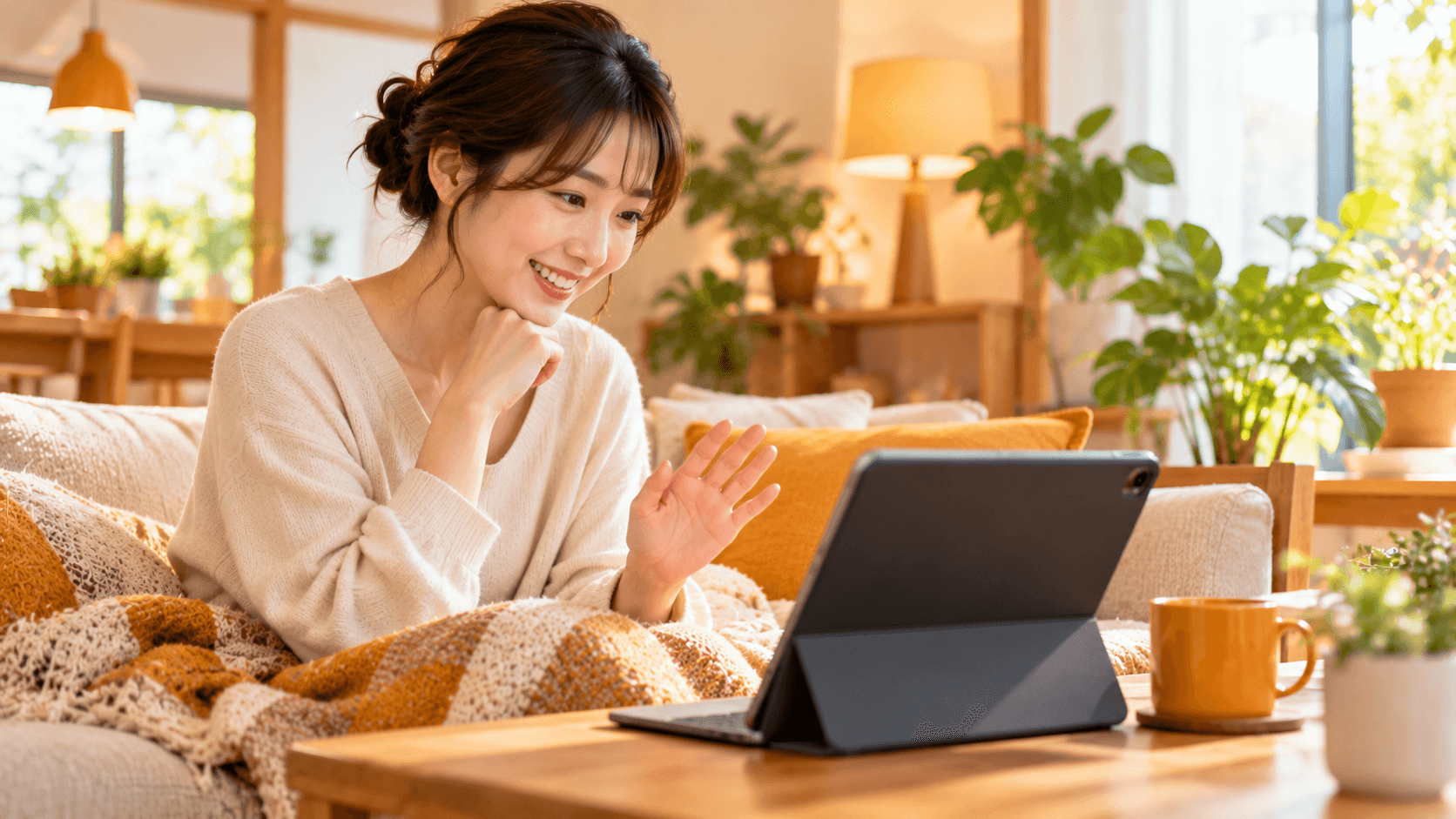自宅でリラックスしながらオンライン説明会に参加する様子のイメージ