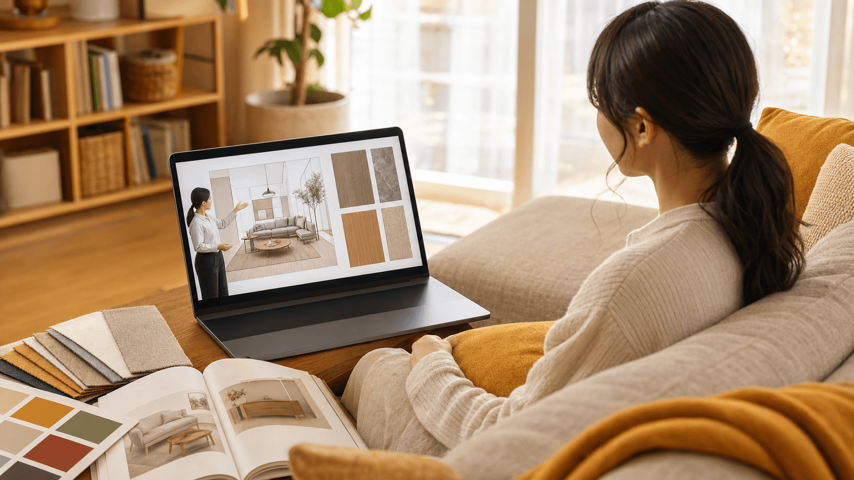 通信講座の講義動画と色見本・家具カタログを見ながら自宅で学習する様子