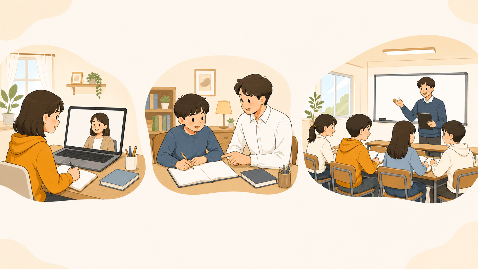 オンライン家庭教師・訪問型家庭教師・集団塾の指導形式を比較したイメージ