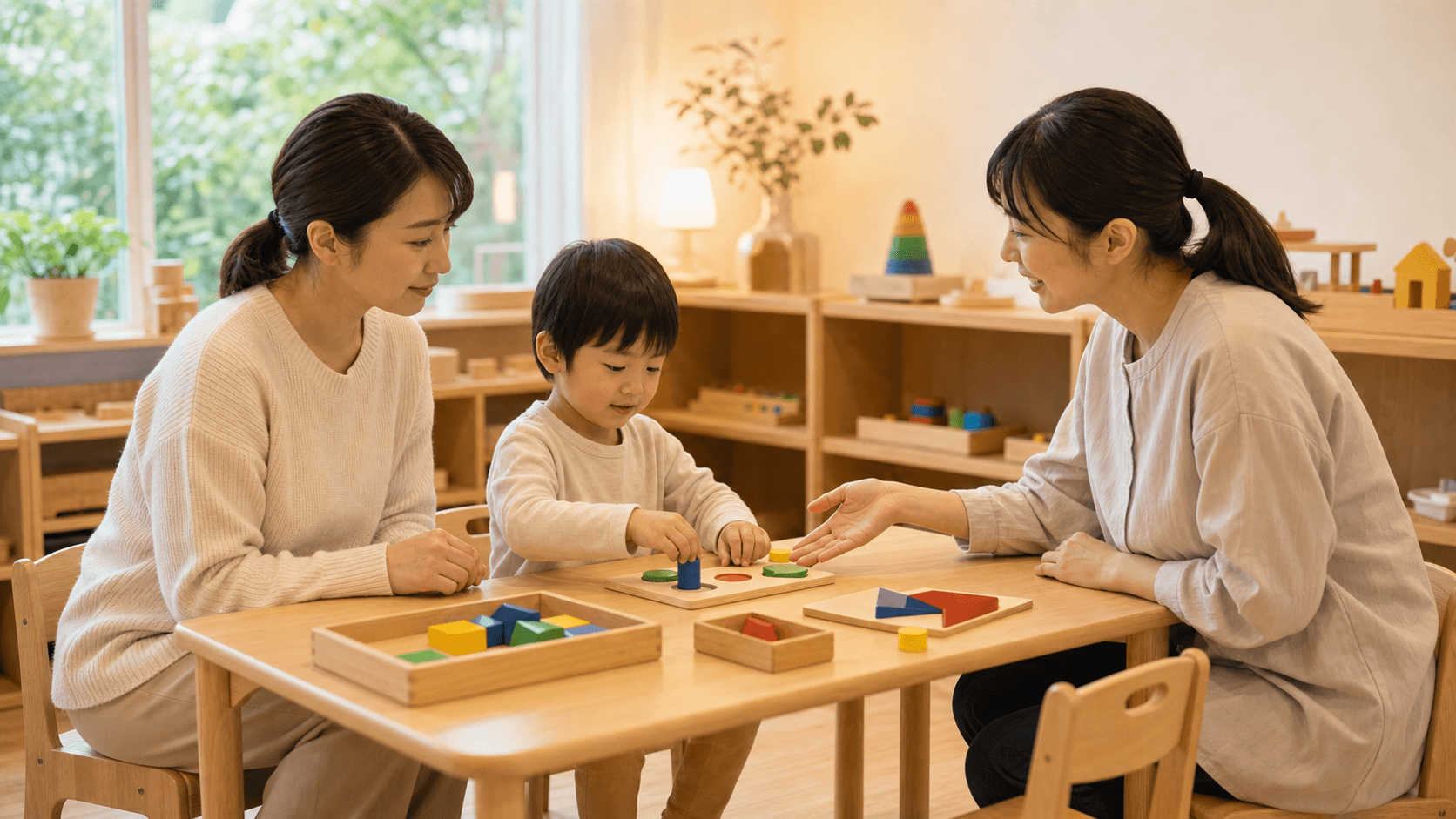 体験レッスンで保護者同室スタイルの授業の様子を確認する親子と講師
