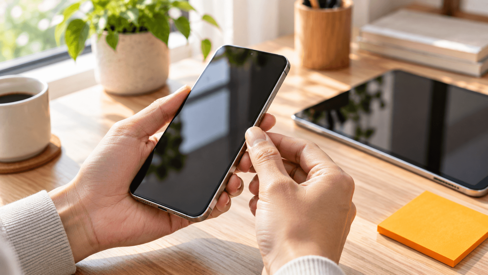 スマホとタブレットの状態を手に取って確認するイメージ