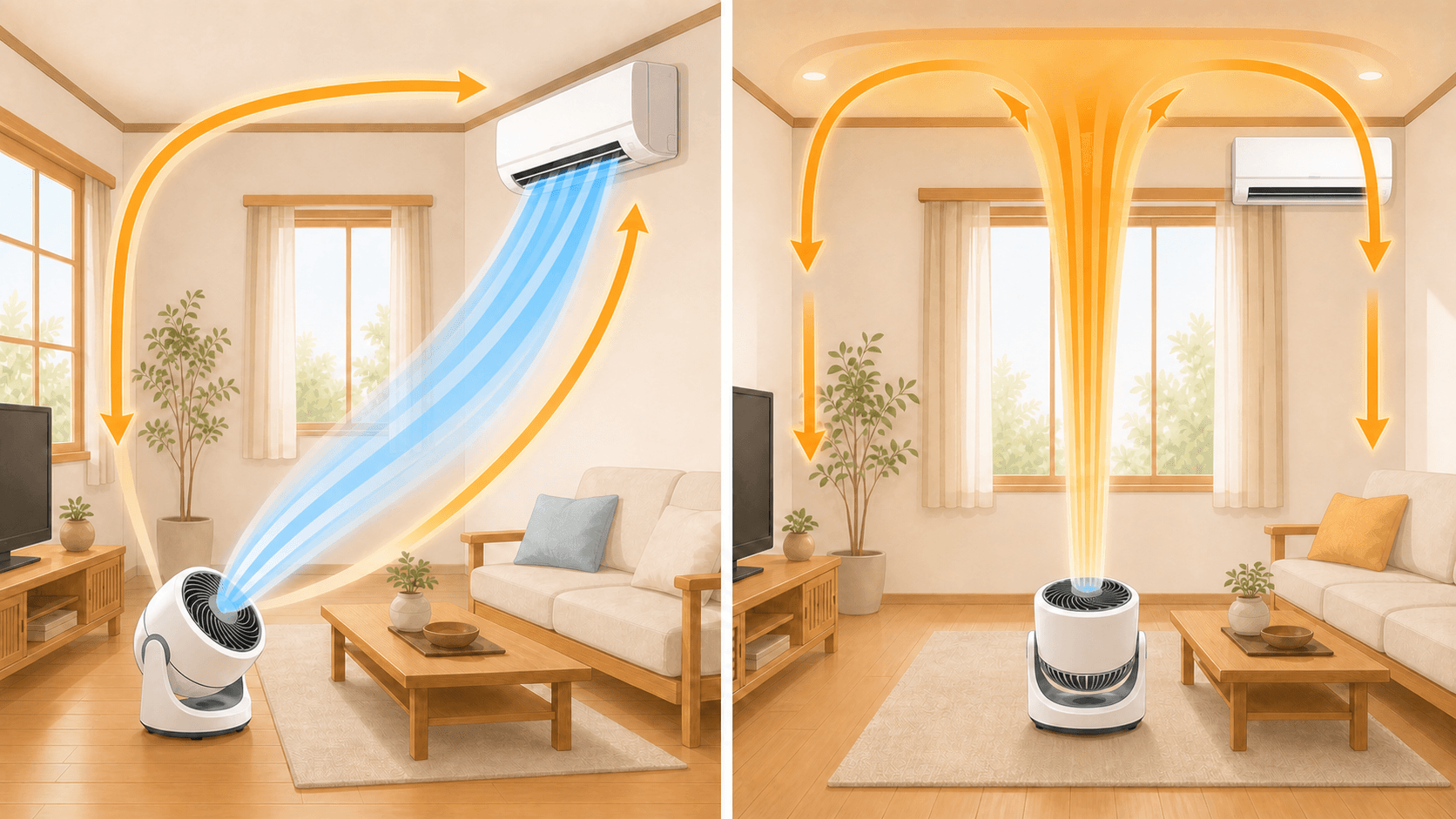 夏と冬でサーキュレーターの風向きを使い分けるイメージ