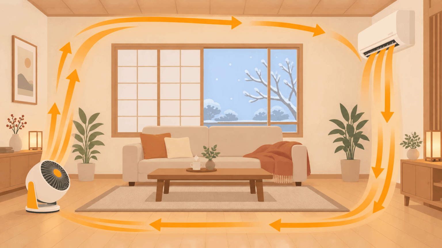冬の部屋でサーキュレーターが天井へ向けて風を送っているイメージ