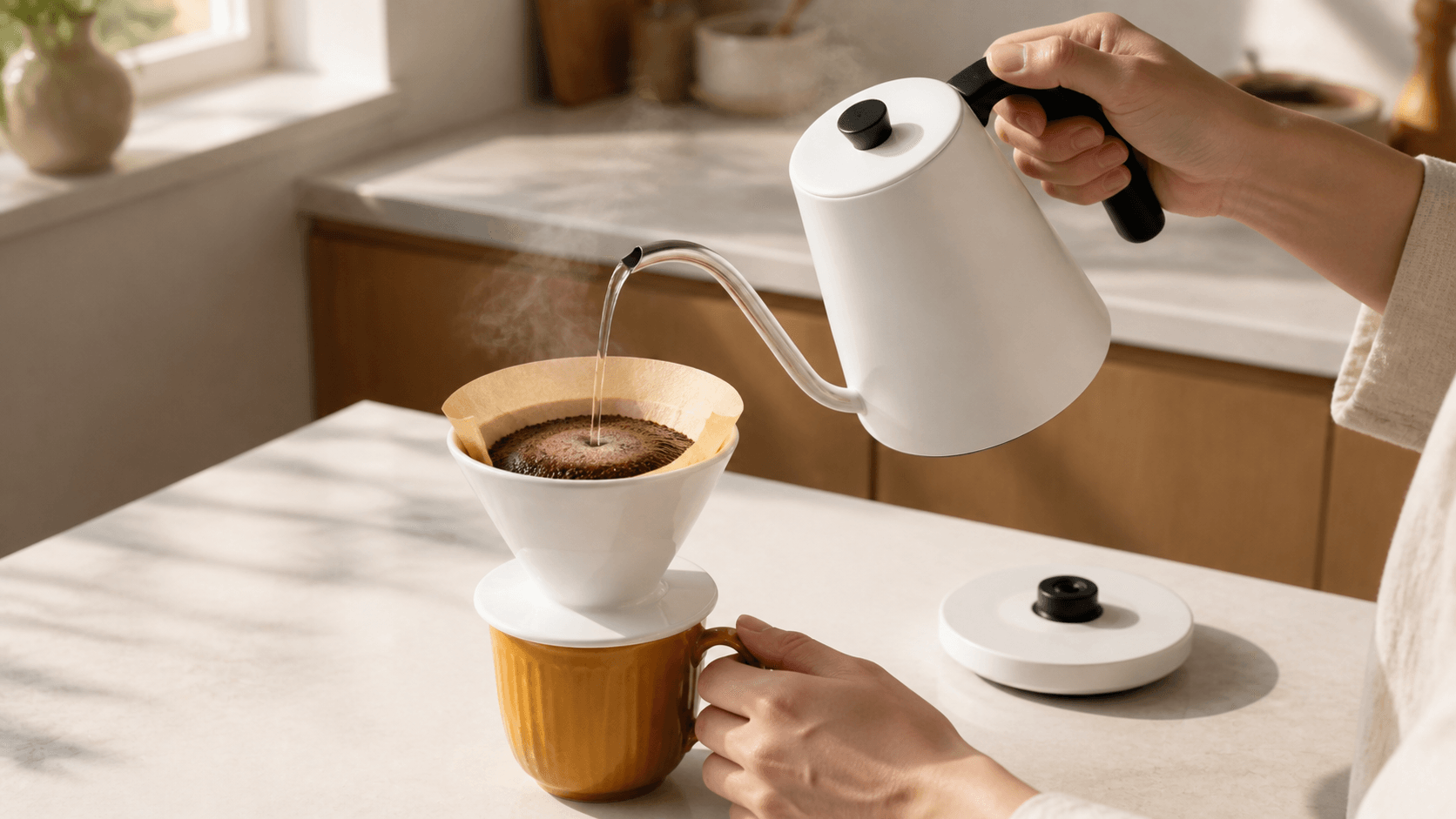 電気ケトルでコーヒーをドリップするシーン
