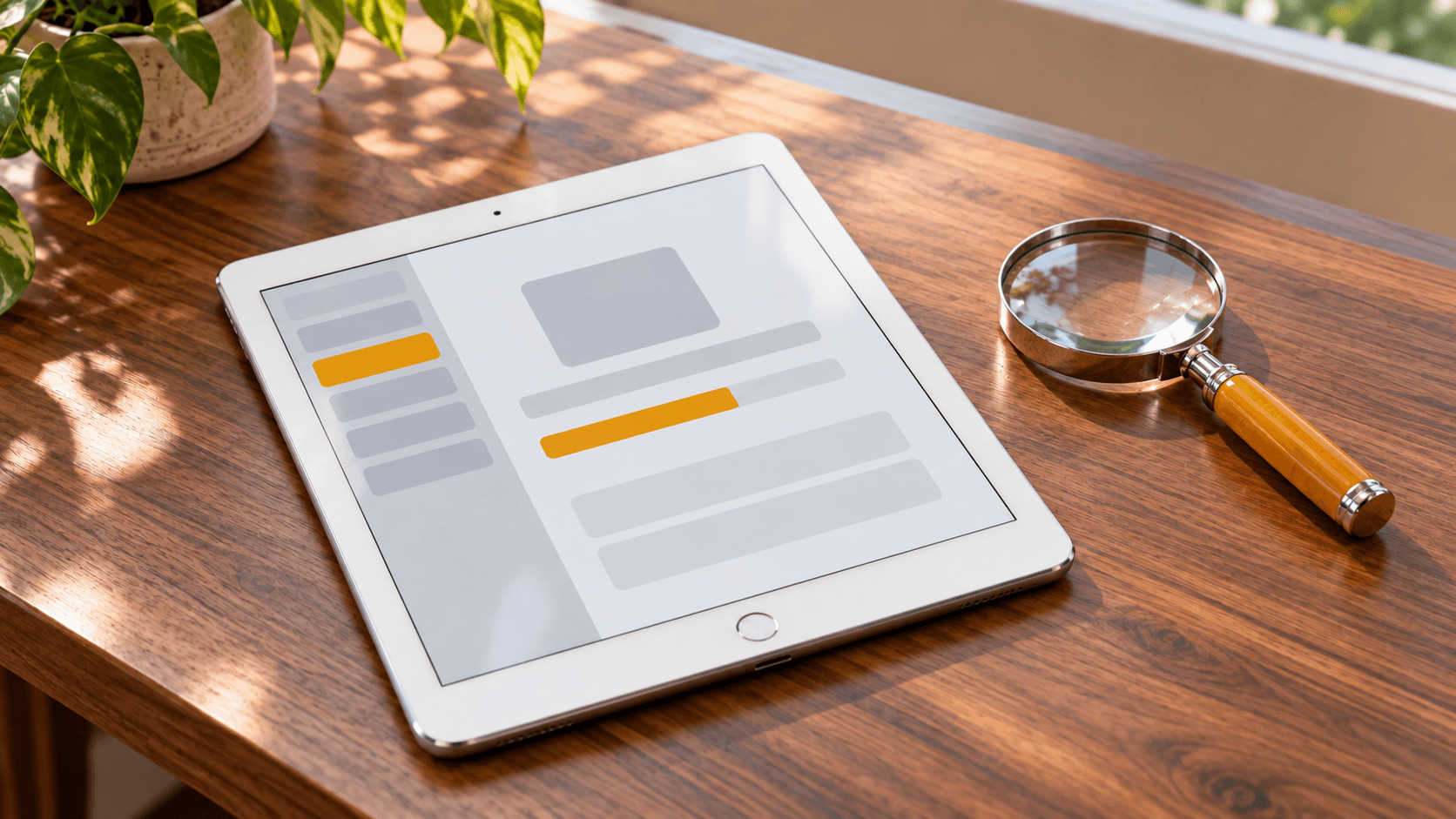 ホームボタン付きのiPadを机に置いて更新の状況を確認するイメージ