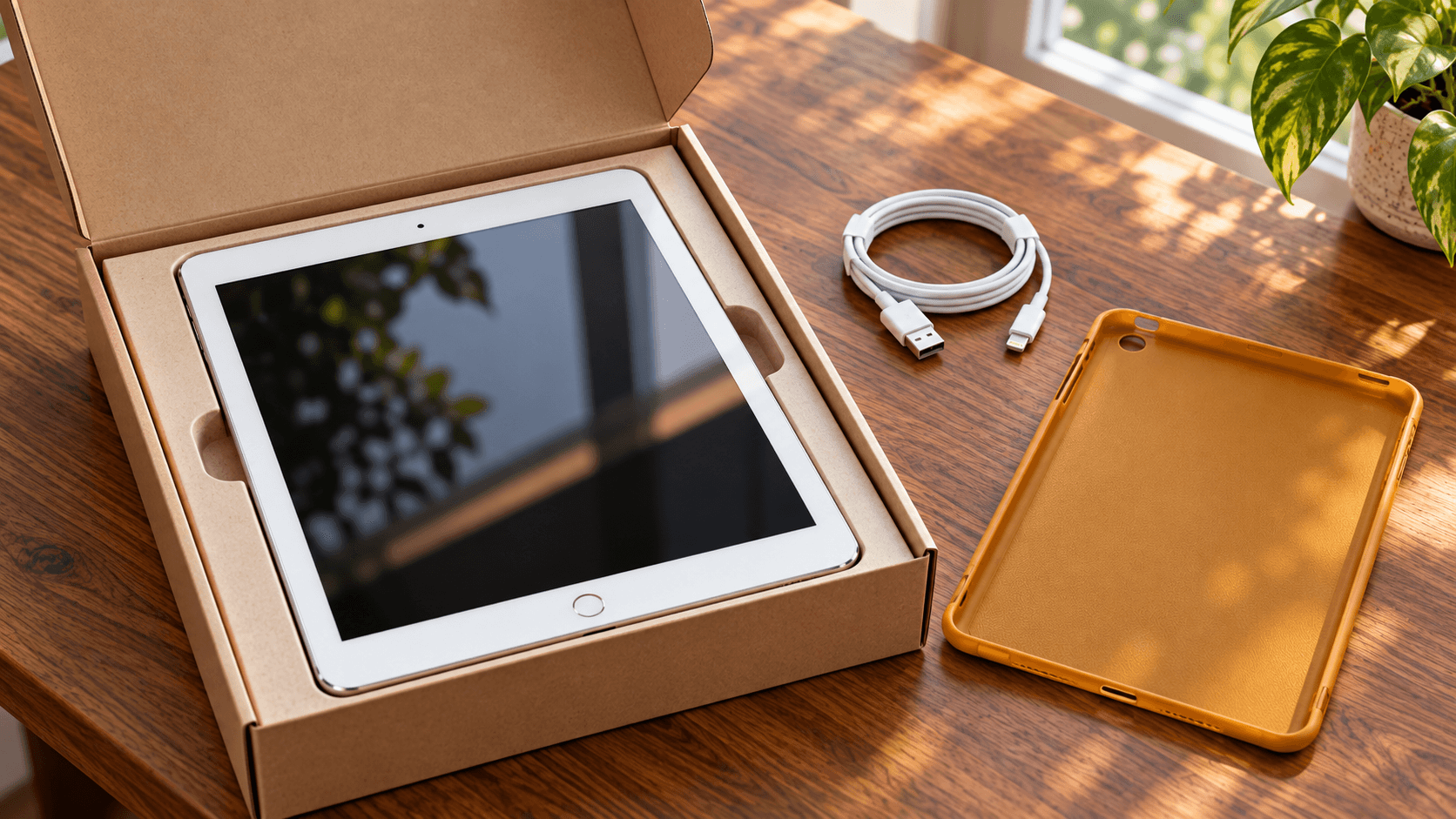 箱に入ったタブレットとケース、充電ケーブルを並べた整備済み品の購入イメージ