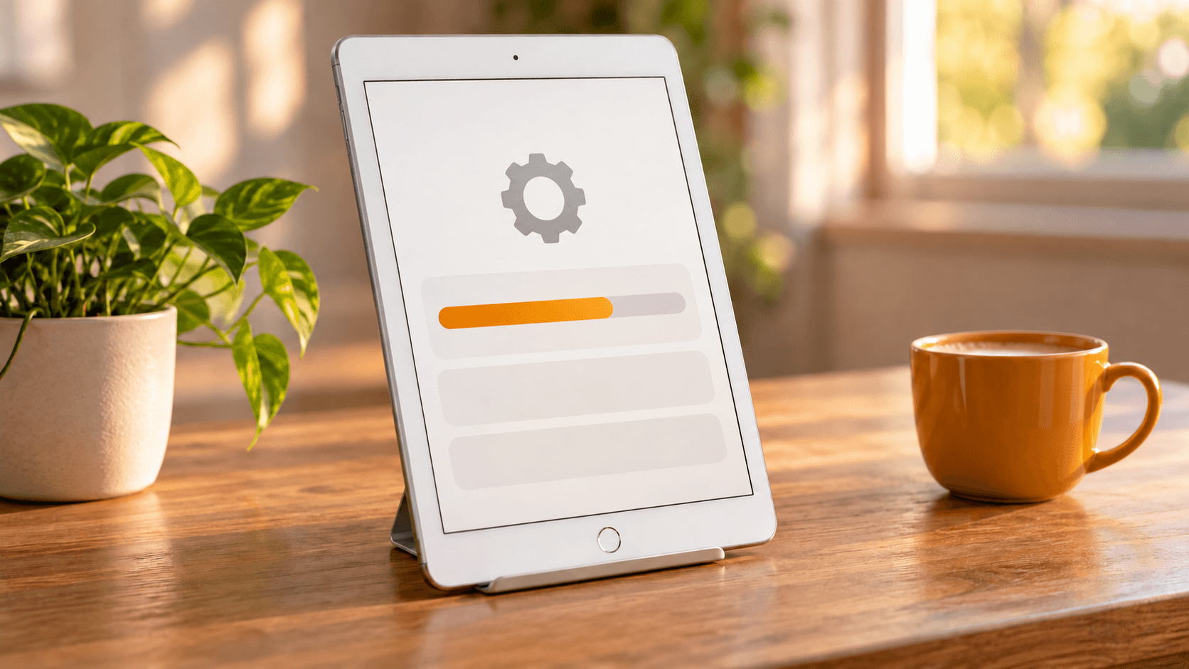 ホームボタン付きのiPadを机に置いて更新の状況を確認するイメージ