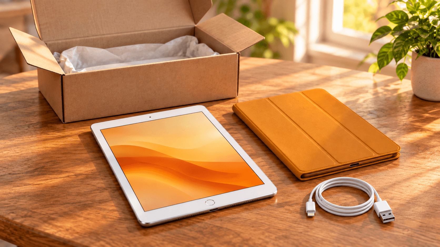 箱に入ったタブレットとケース、充電ケーブルを並べた整備済み品の購入イメージ