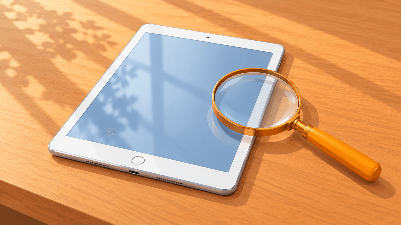 ホームボタン付きのiPadを机に置いて更新の状況を確認するイメージ