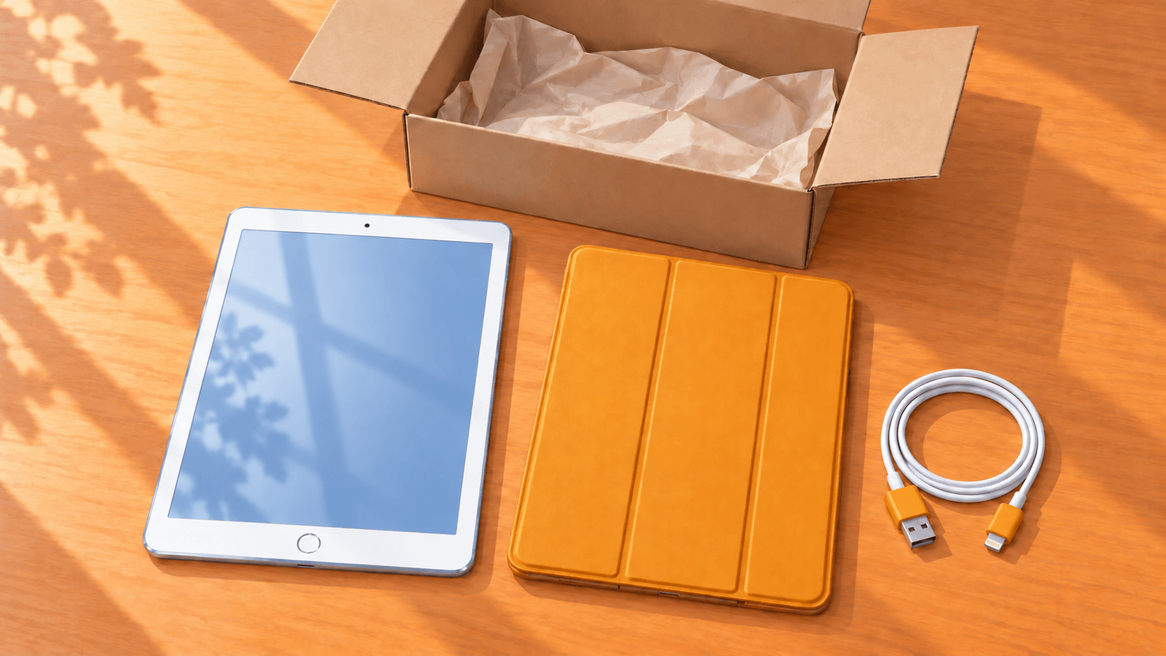 箱に入ったタブレットとケース、充電ケーブルを並べた整備済み品の購入イメージ