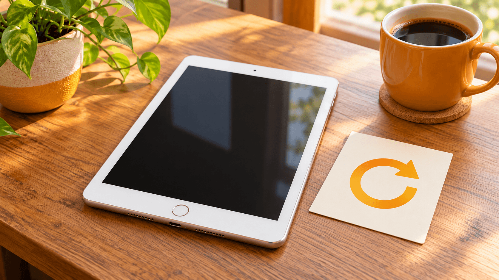 ホームボタン付きのiPadを机に置いて更新の状況を確認するイメージ