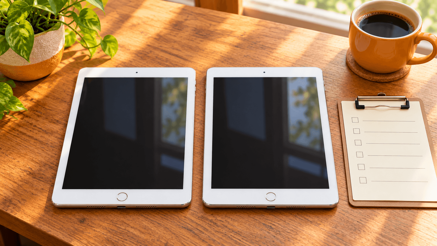 第8世代と第9世代の2台のタブレットを並べて比較するイメージ