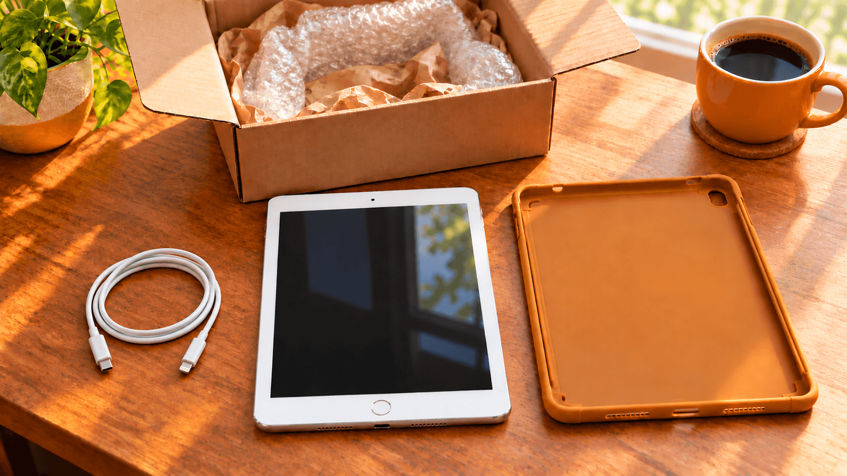 箱に入ったタブレットとケース、充電ケーブルを並べた整備済み品の購入イメージ