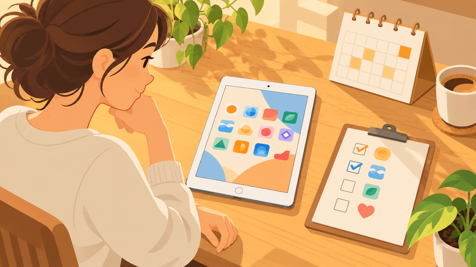 ホームボタン付きのiPadを机に置いて使い続けるかを考えるイメージ