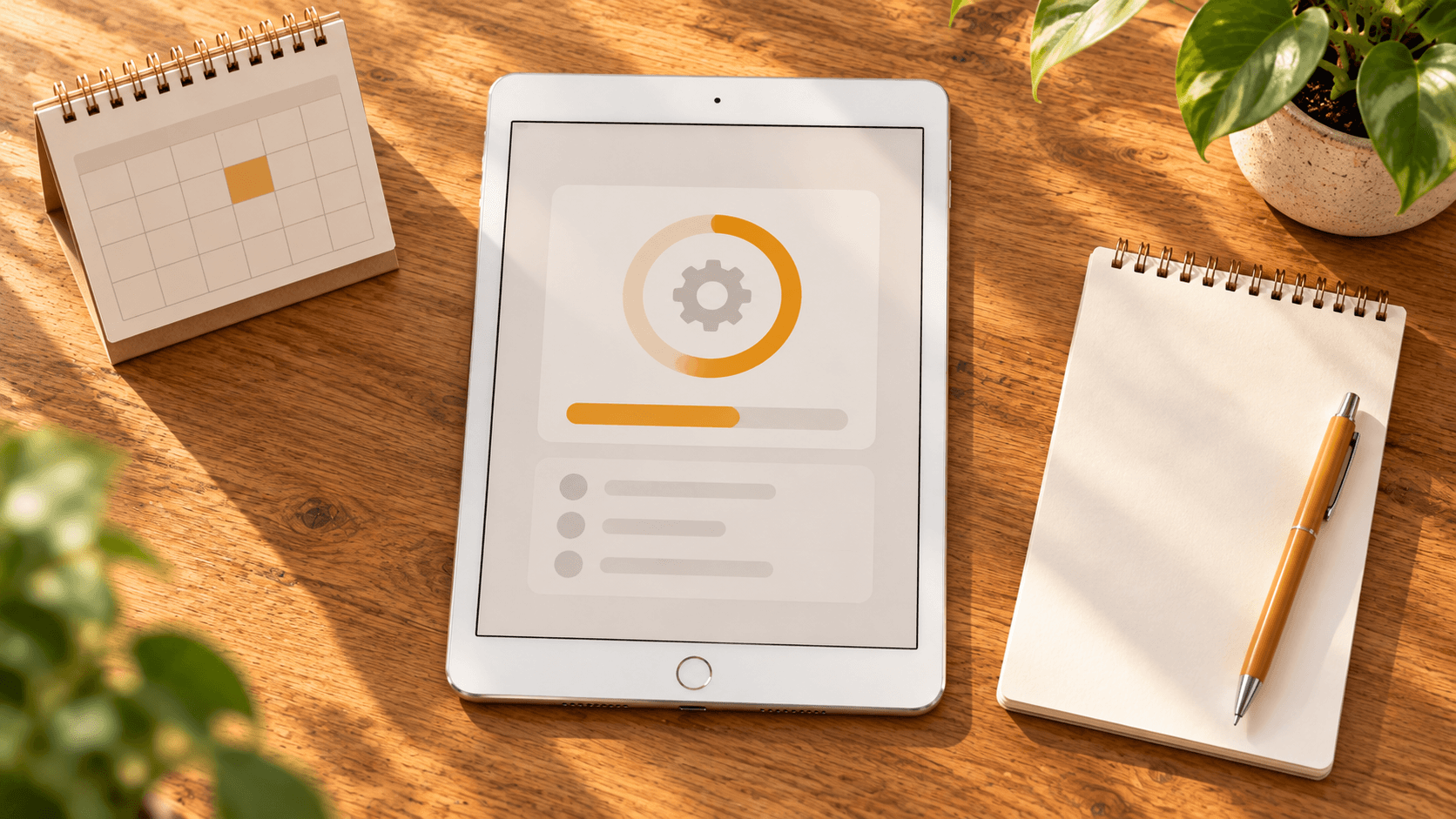 ホームボタン付きのiPad Airを机に置いて更新の状況を確認するイメージ