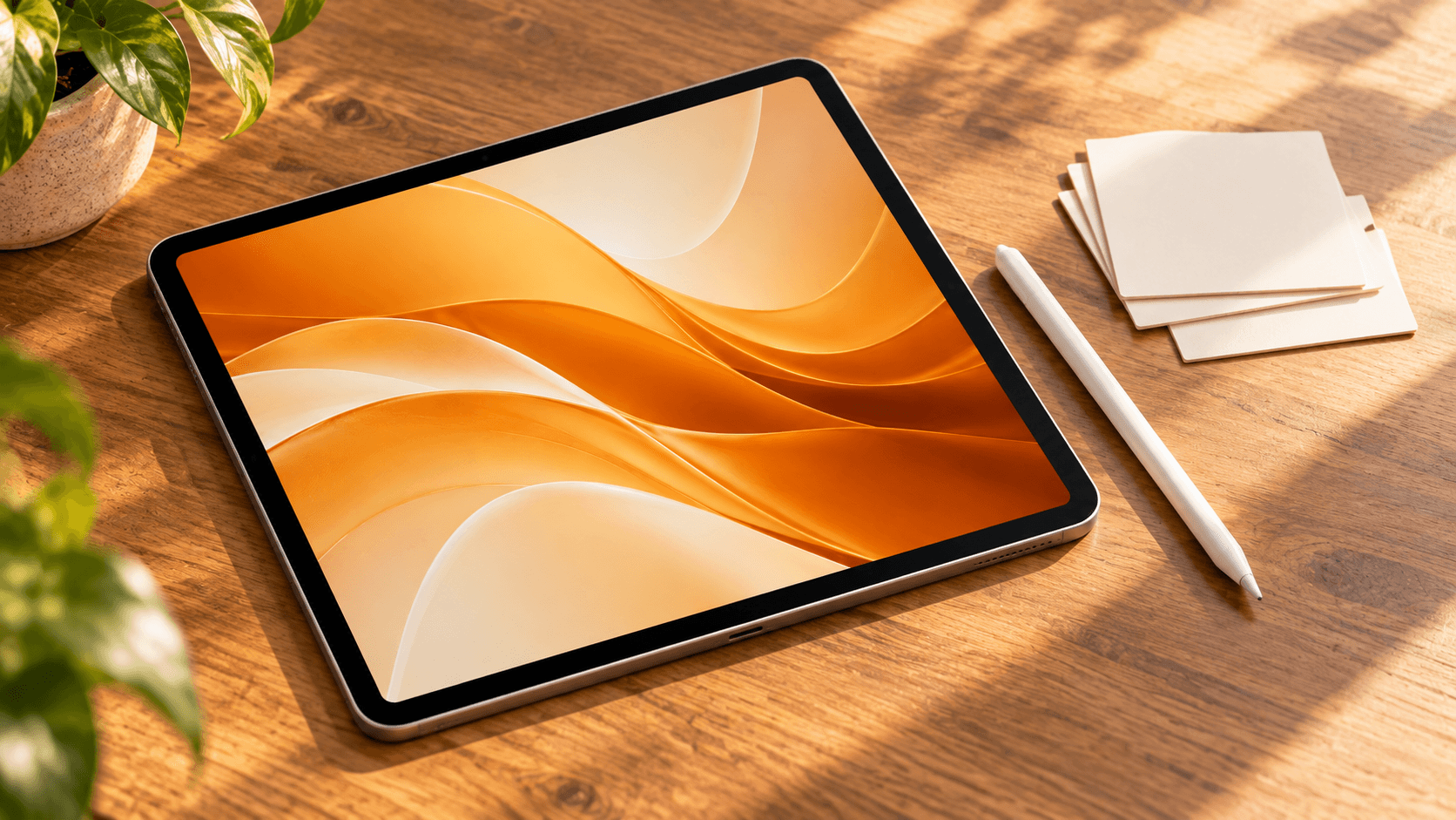 机に置いたiPad AirとApple Pencilで、アップデートの手順を確認するイメージ