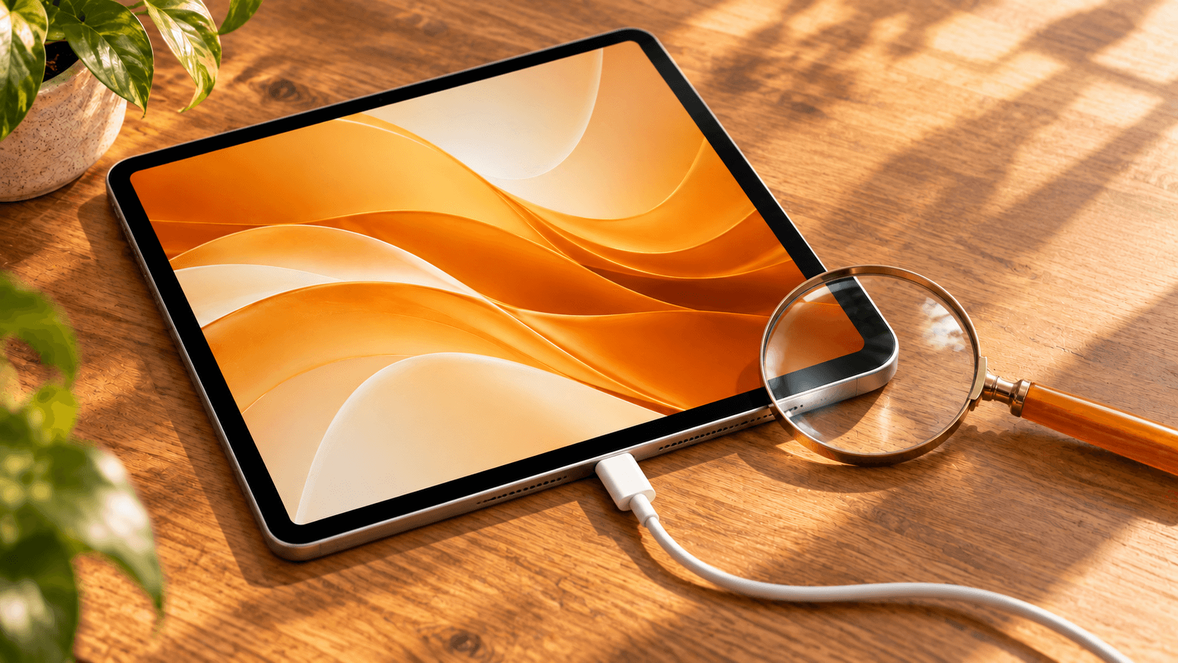 USB-Cケーブルにつないだタブレットと、状態を確かめる虫眼鏡のイメージ