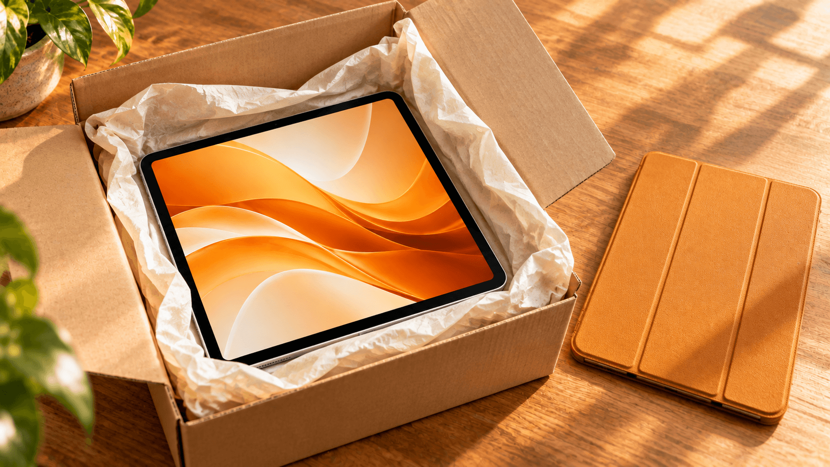 開封した配送箱と保護ケースを並べた整備済みタブレットの購入イメージ