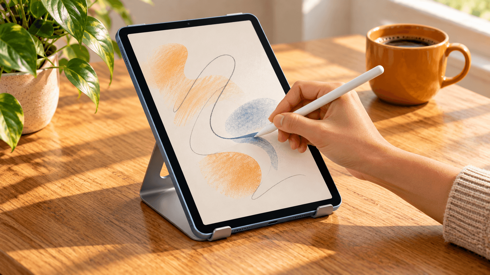 フラットエッジのiPad Airにペンでメモを書く、数年先まで使うイメージ