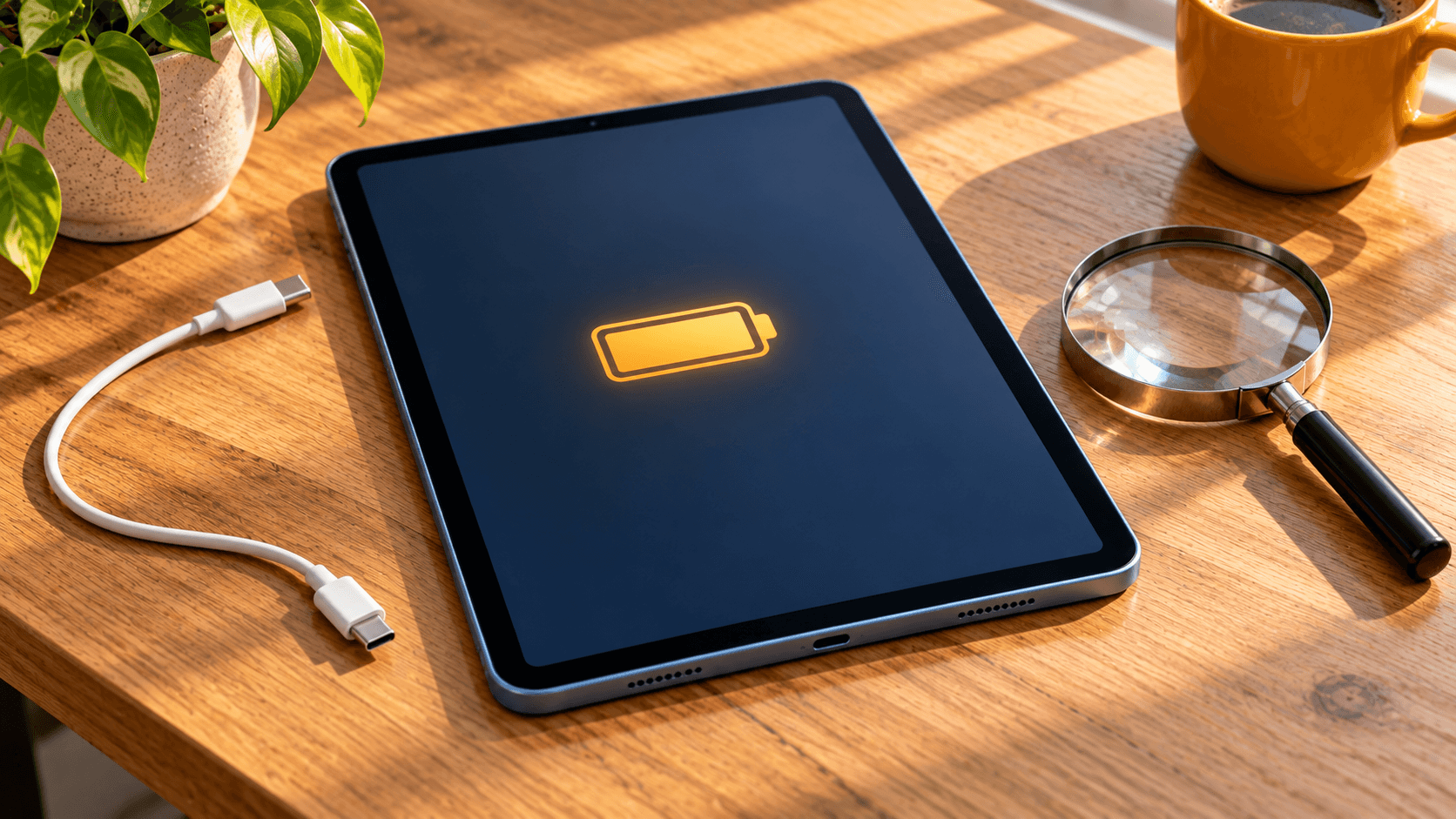 USB-Cケーブルと虫眼鏡を添えた、バッテリー状態を確認するイメージ