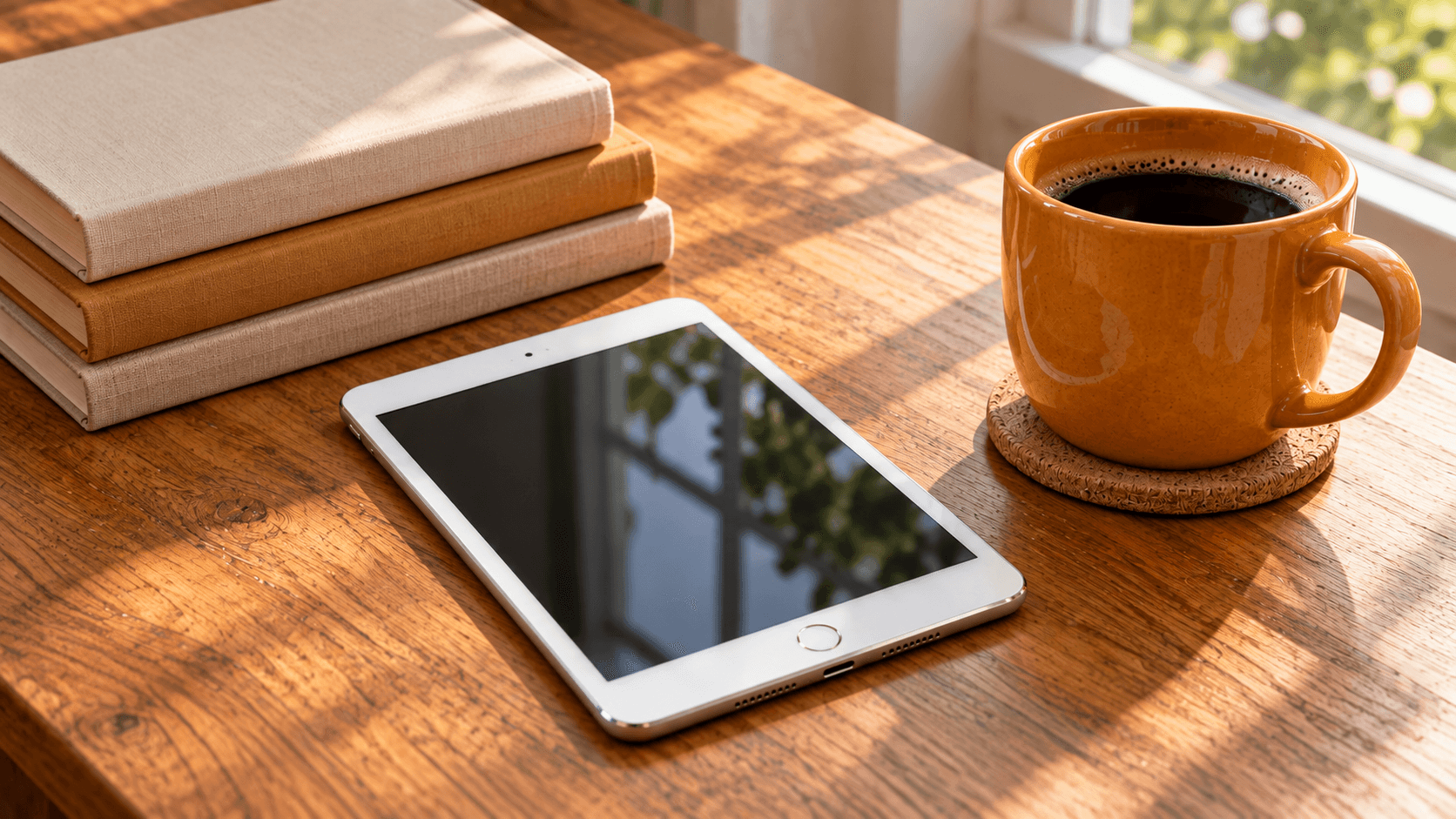 小型のタブレットを机に置いて古さと使い道を見比べるイメージ