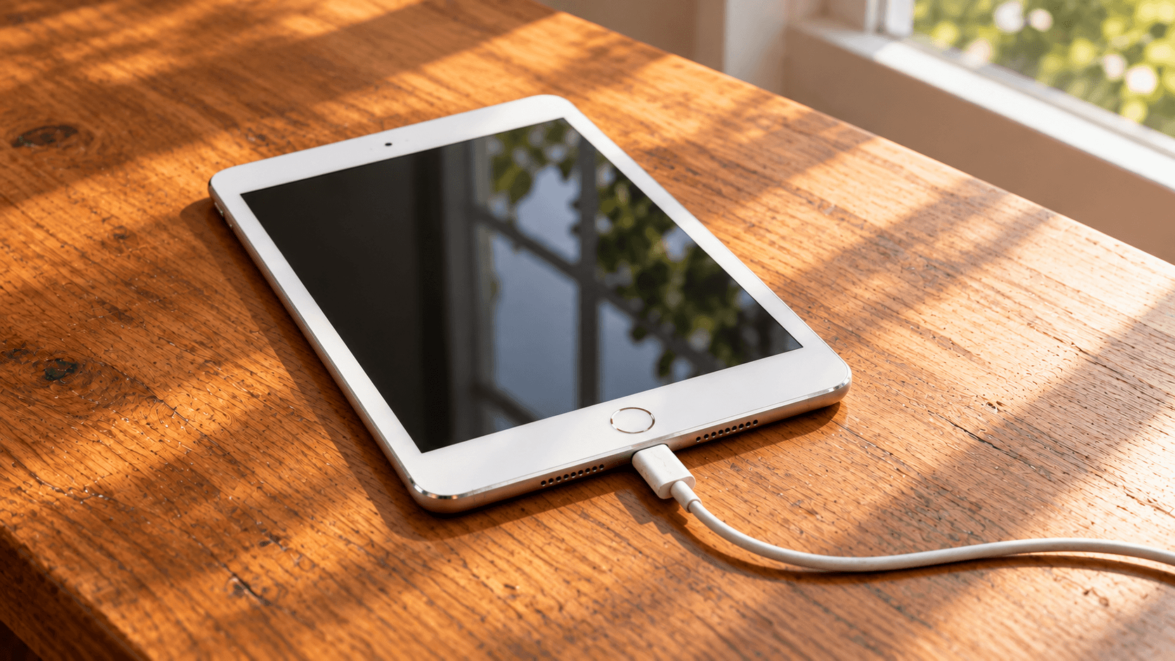 ホームボタンとLightning端子の付いた古い小型タブレットを机に置いたイメージ