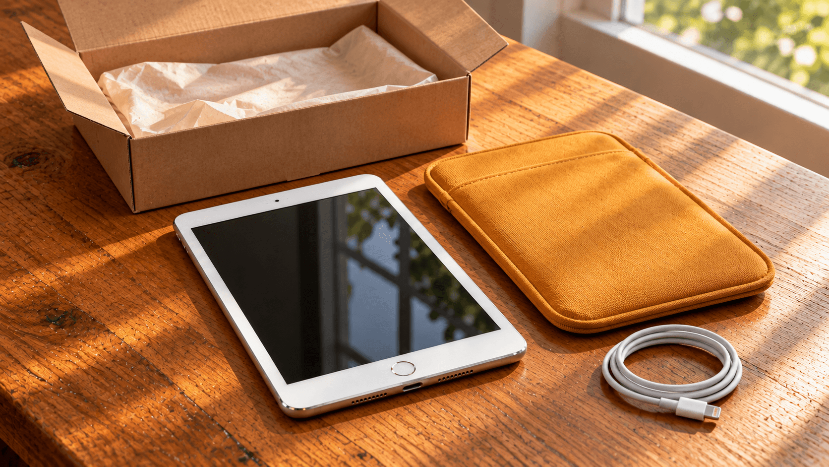 箱に入った小型タブレットとケース、充電ケーブルを並べた購入イメージ