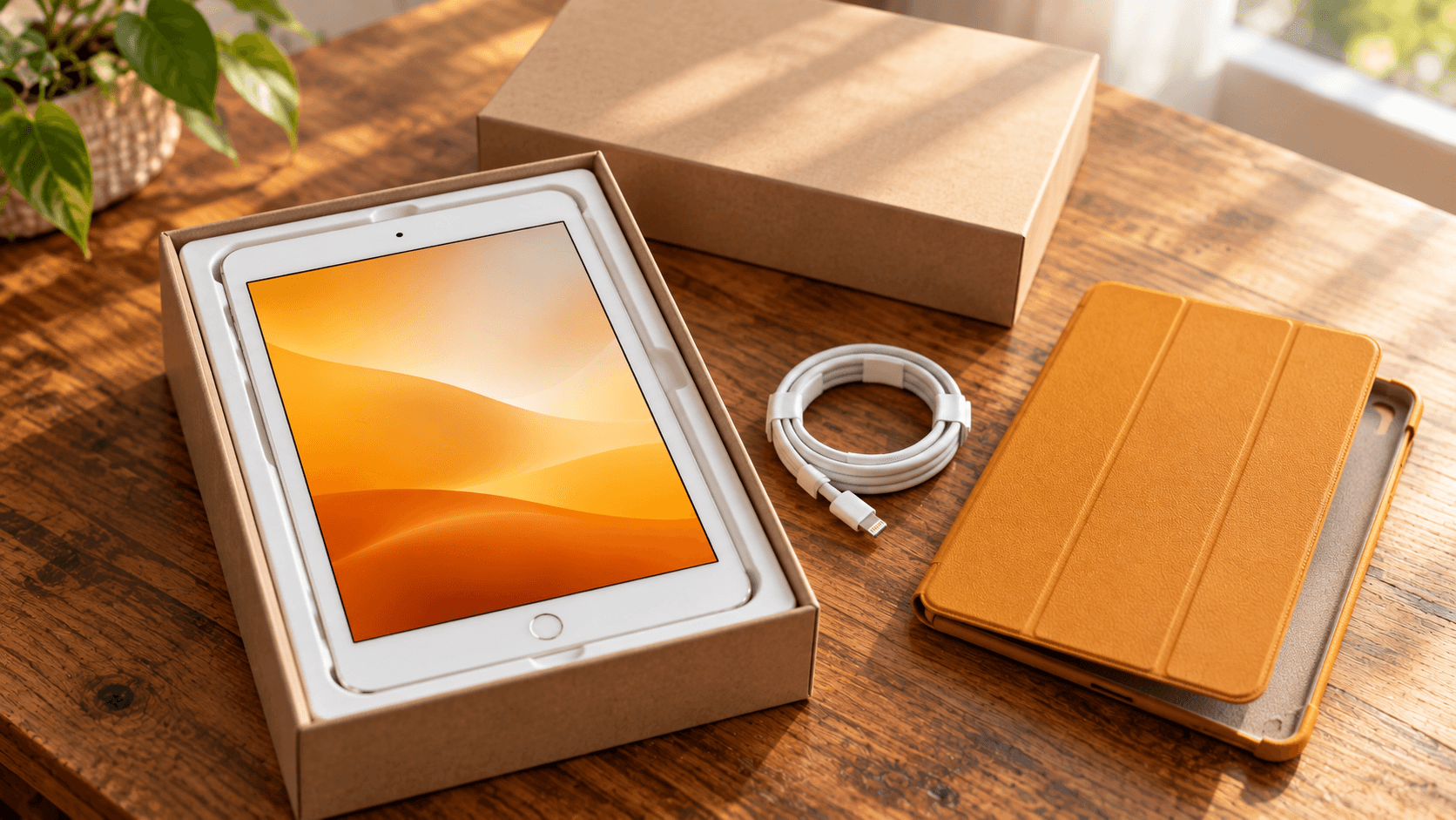 箱に入った小型タブレットとケース、充電ケーブルを並べた整備済み品の購入イメージ