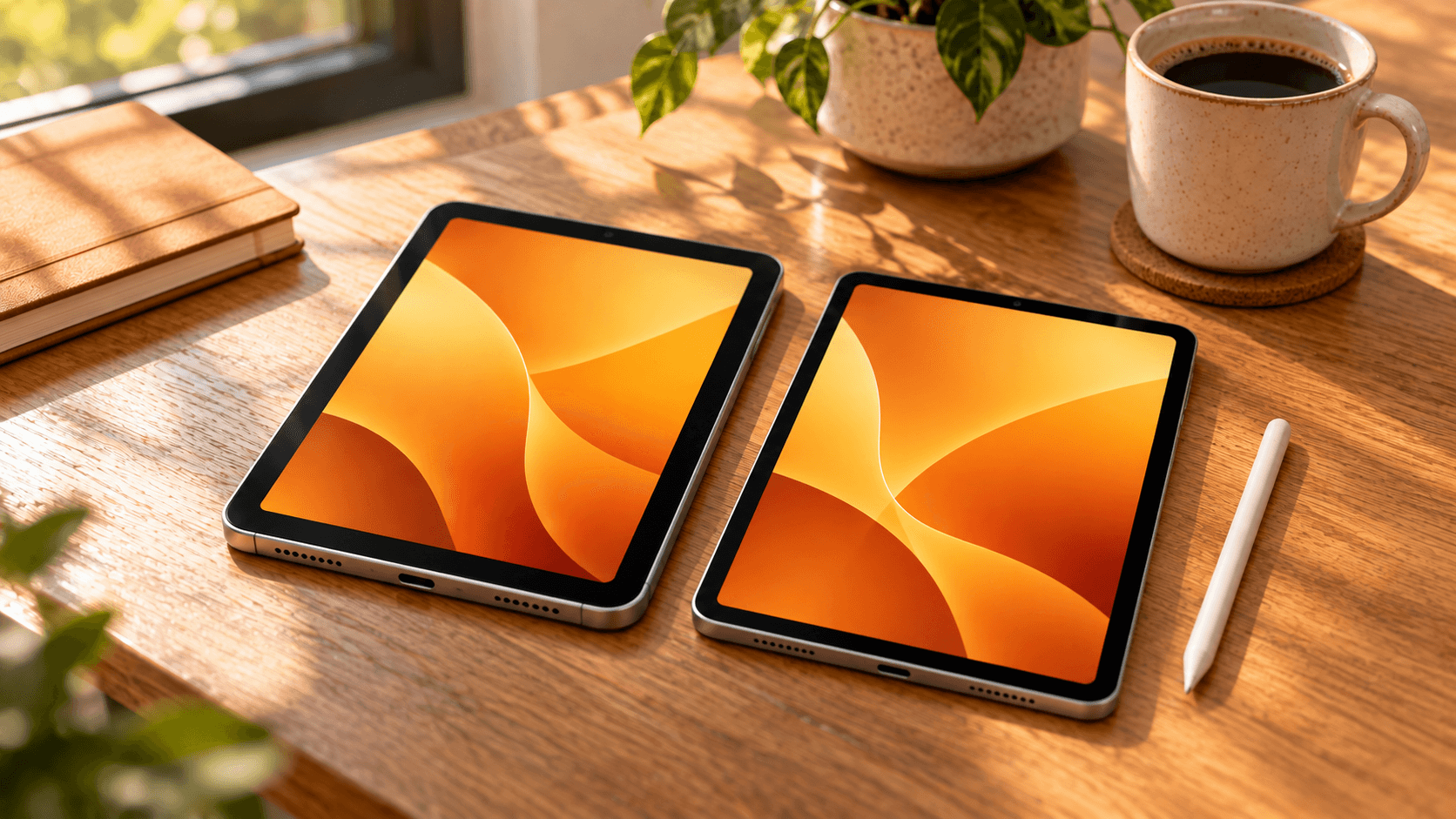 2台の小型タブレットとスタイラスペンを机に並べたイメージ