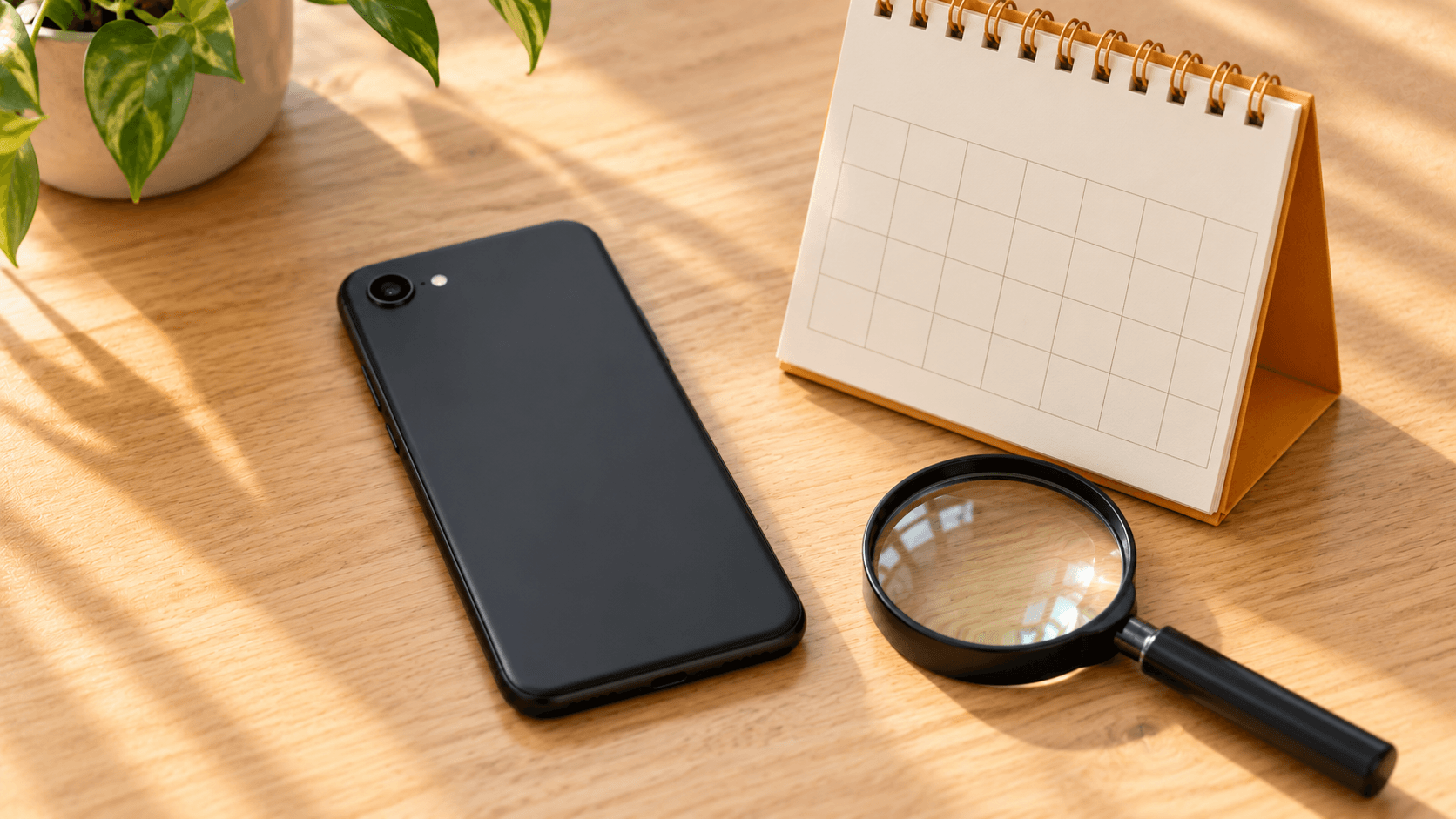 机の上のスマホと虫眼鏡で対応状況を確かめるイメージ