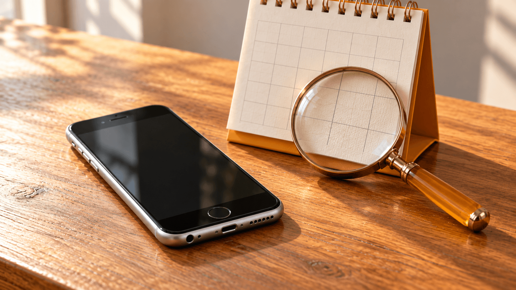 iPhone 6sの横に卓上カレンダーと虫眼鏡を置き、更新状況を確認するイメージ