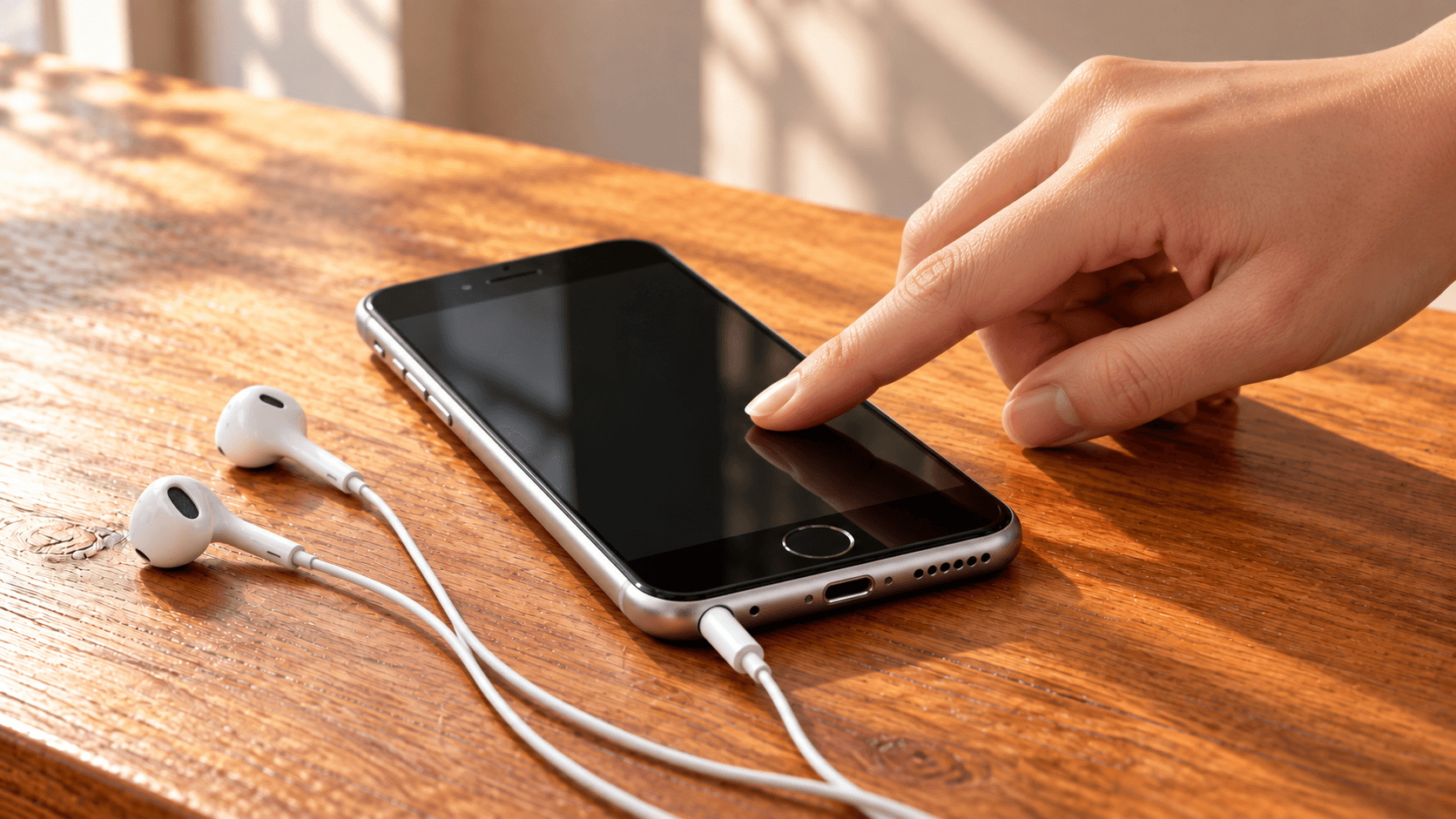 iPhone 6sにイヤホンを挿し、画面を軽く押している様子