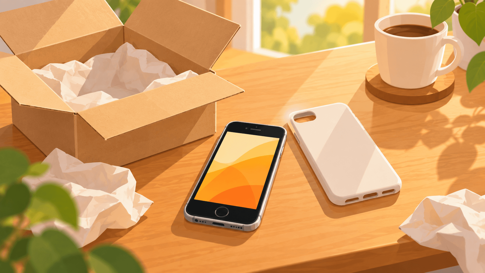 箱に入ったスマホとケースを並べた整備済み品の購入イメージ