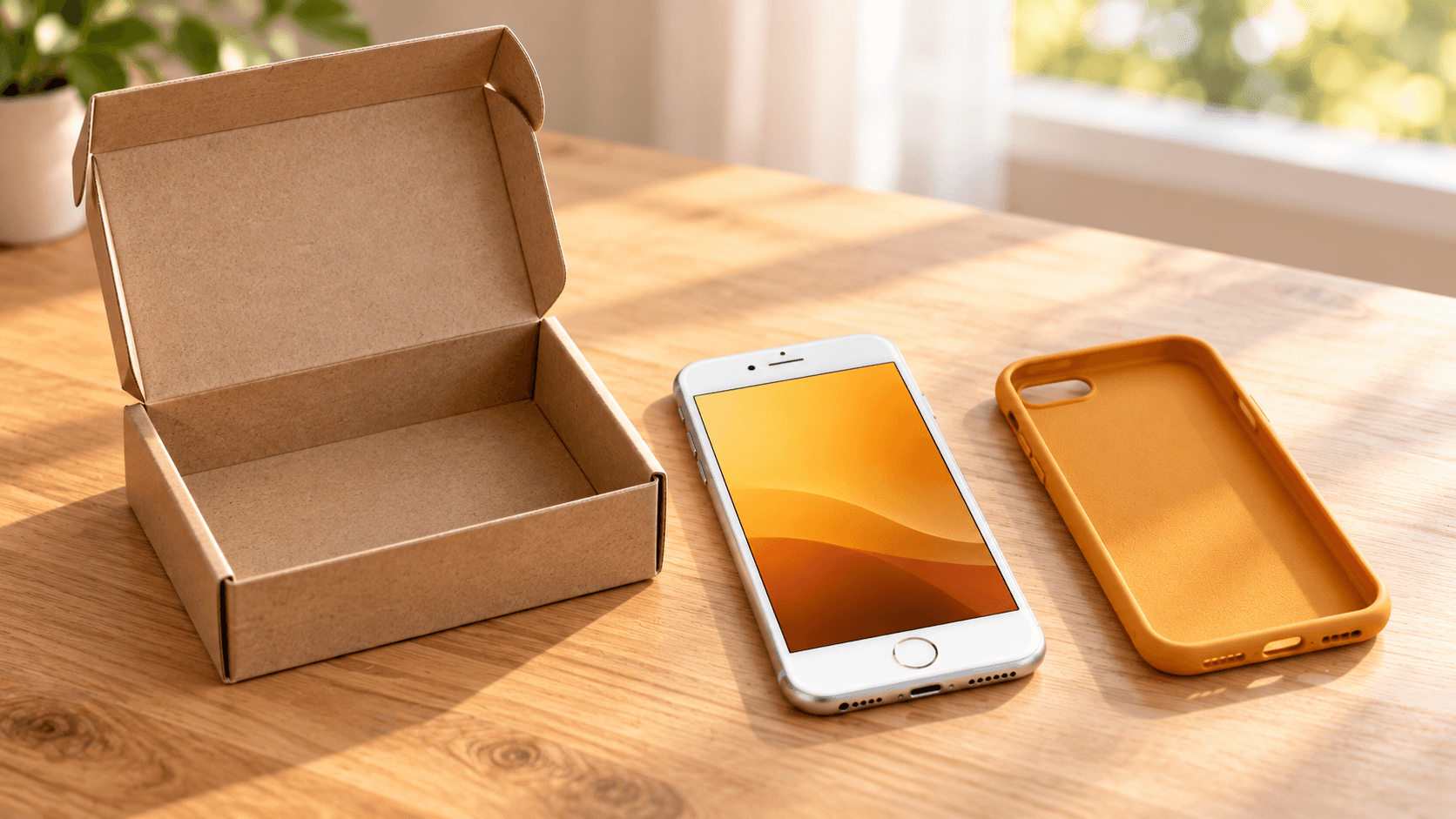 箱に入ったスマホとケースを並べた整備済み品の購入イメージ