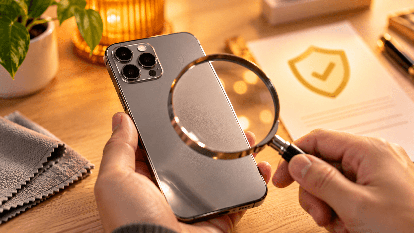 虫眼鏡でiPhone整備済み品の外装を検品する様子
