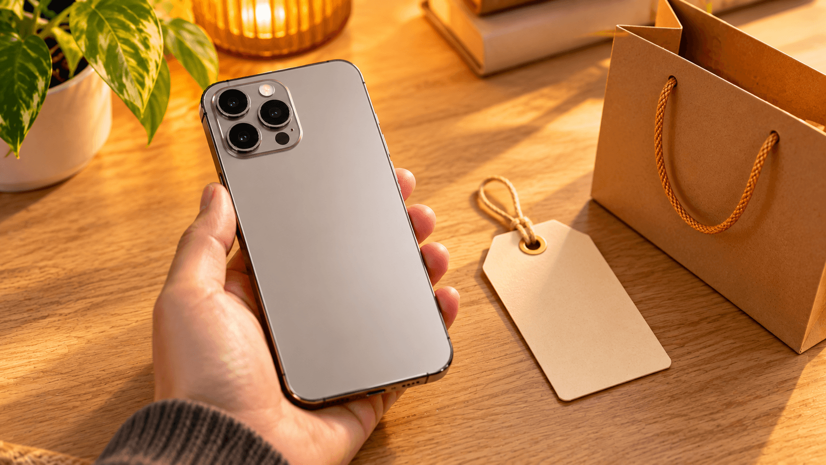 iPhoneと空白の値札、紙袋を並べたイメージ