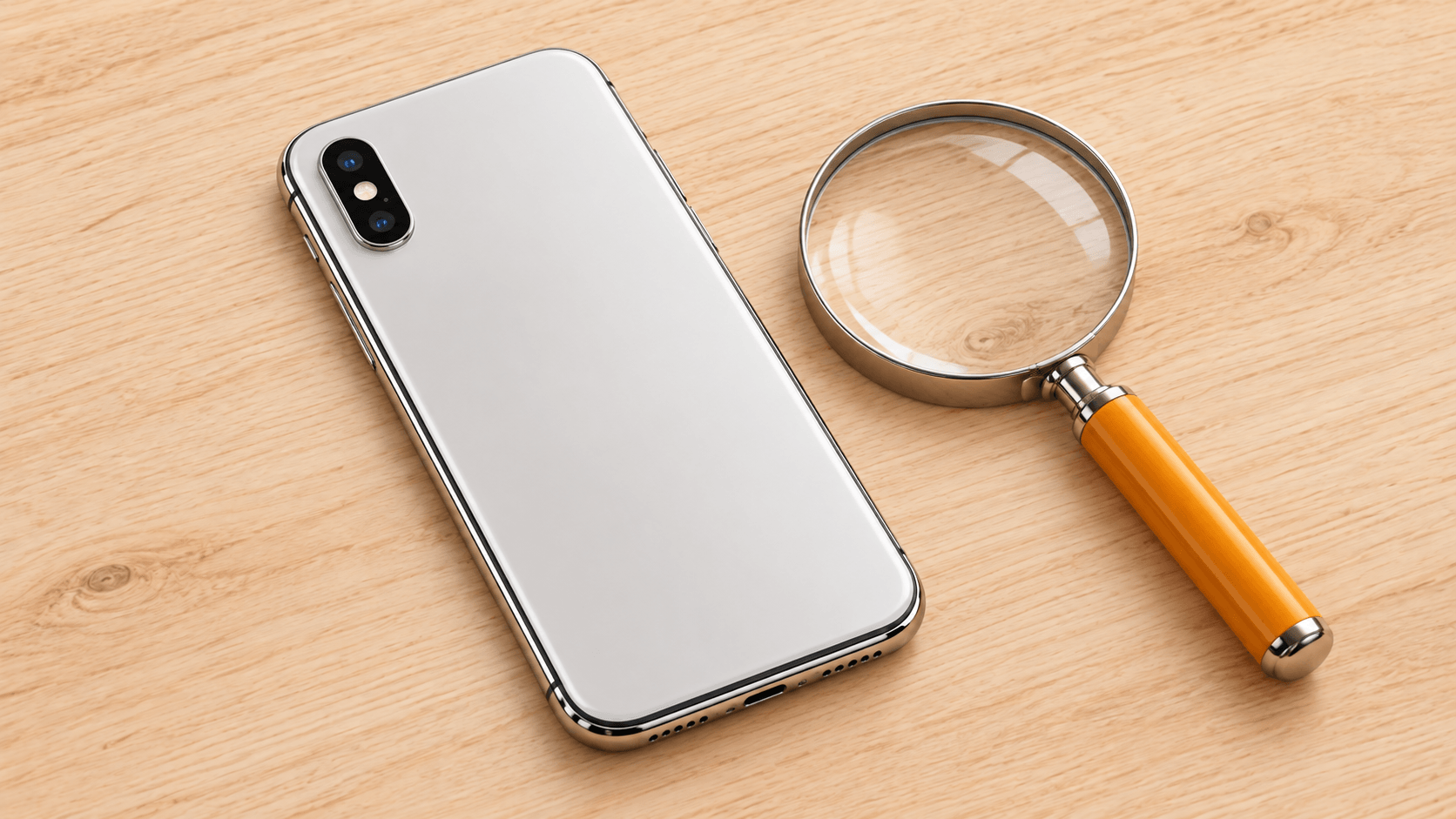 iPhone Xの背面と虫眼鏡、アップデートの確認をイメージした机の上