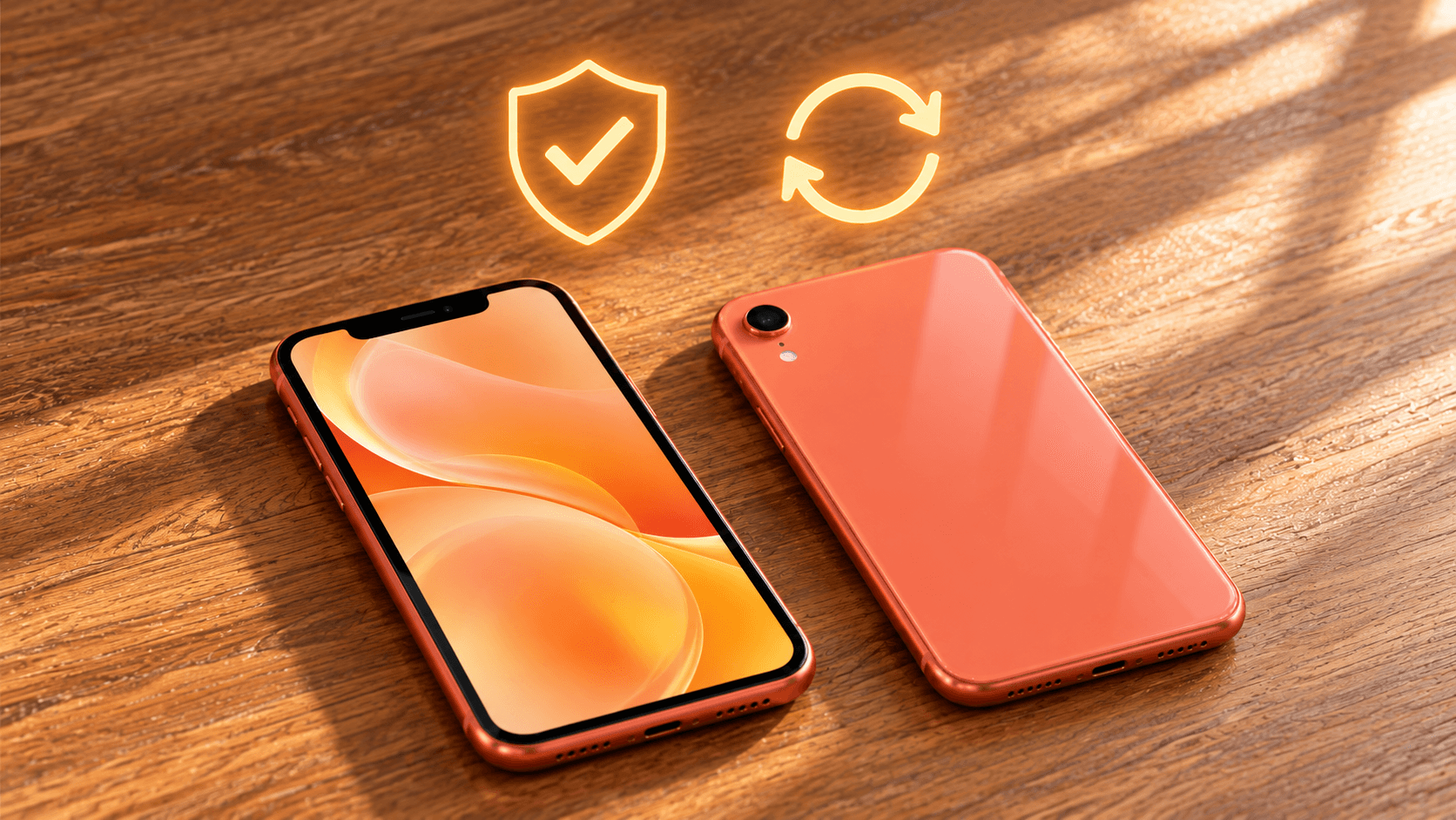 机の上のスマホにセキュリティとアップデートの記号が浮かぶイメージ