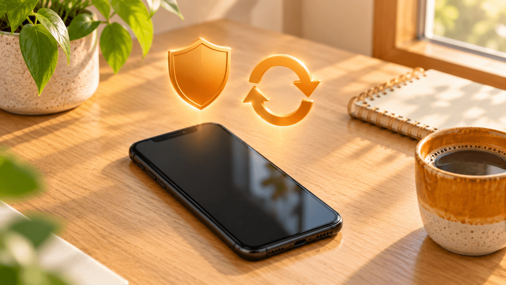 机の上のスマホにセキュリティとアップデートの記号が浮かぶイメージ