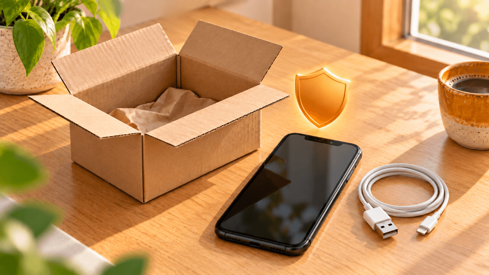 箱から出したスマホと充電ケーブル、保証を示す盾のイメージ