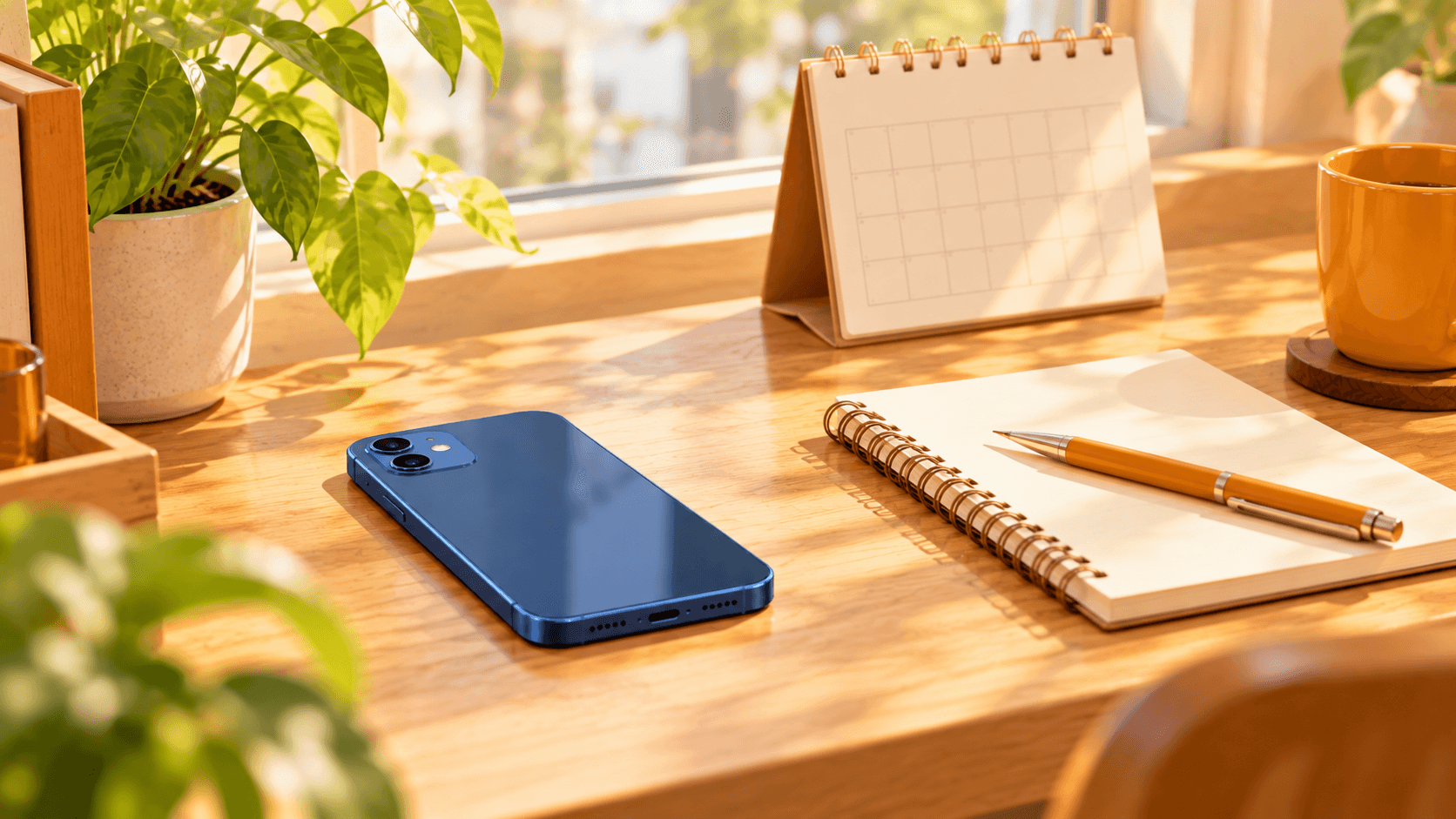 机の上のスマホとカレンダーで使い続ける期間を考えるイメージ