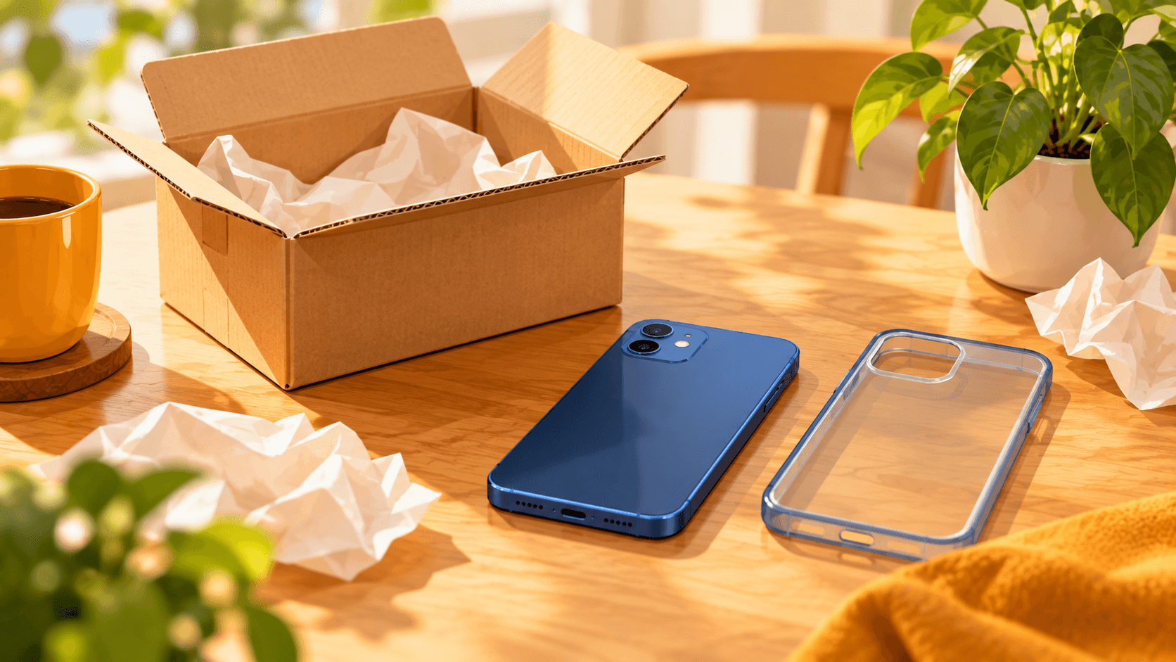 箱に入ったスマホとケースを並べた整備済み品の購入イメージ