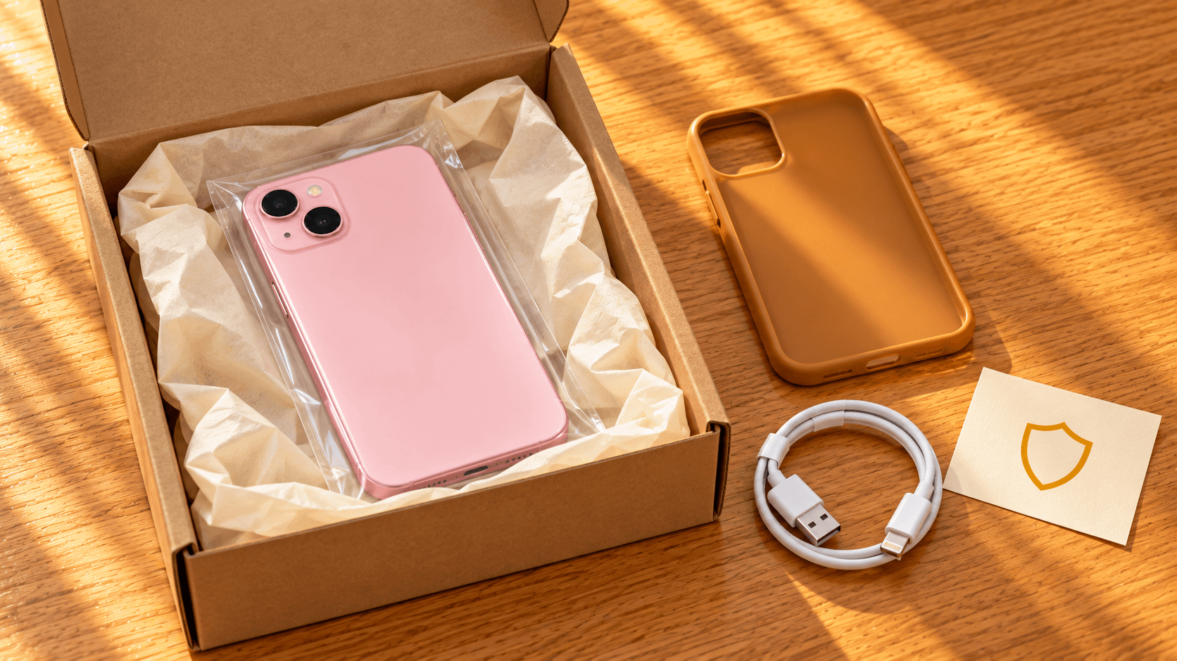 箱に入ったスマホとケースを並べた整備済み品の購入イメージ