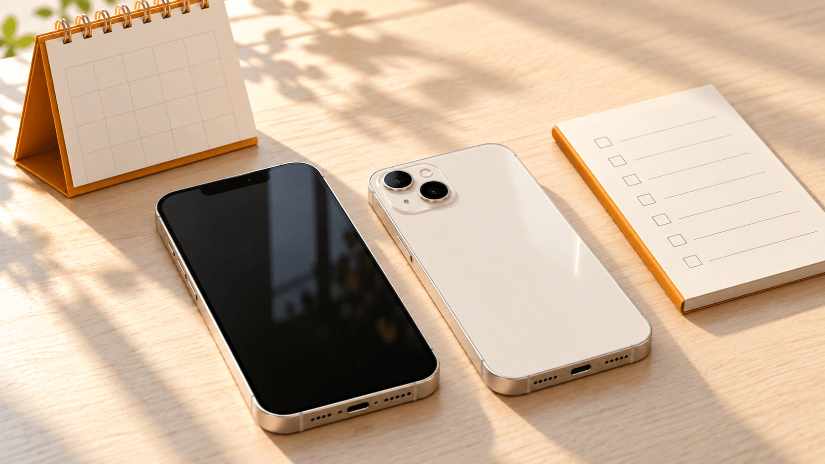 机の上のスマホとカレンダーで使い続ける期間を考えるイメージ