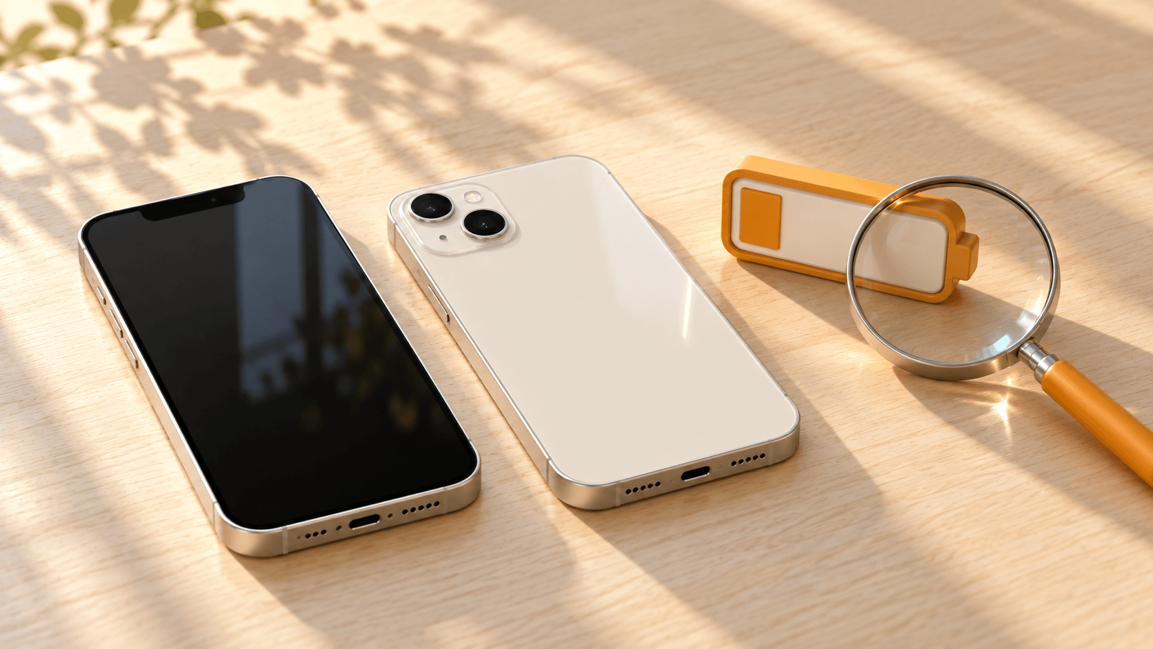 スマホ、バッテリー形の物体、虫眼鏡を並べたイメージ