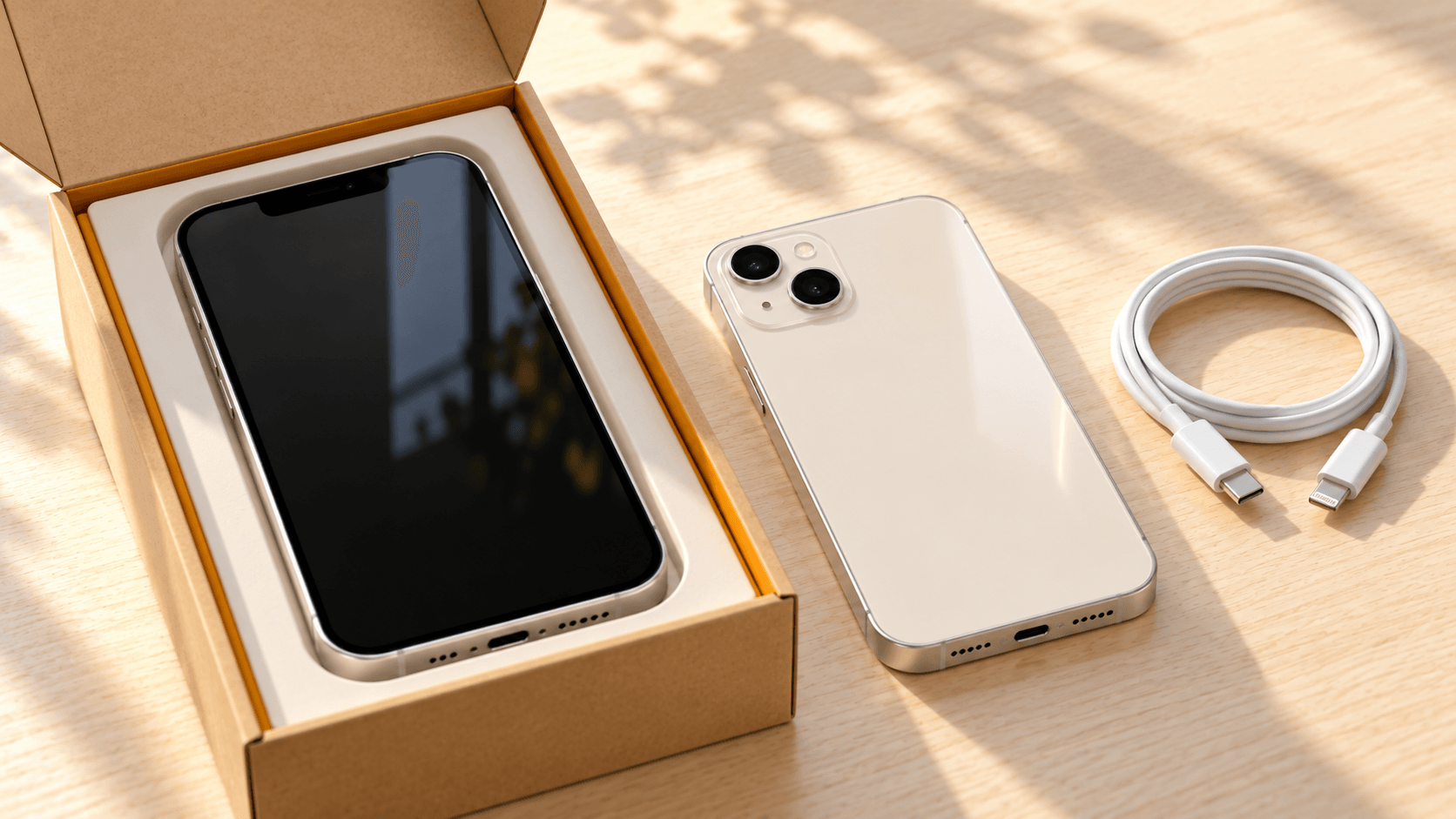 箱に入ったスマホとケーブルを並べた整備済み品の購入イメージ