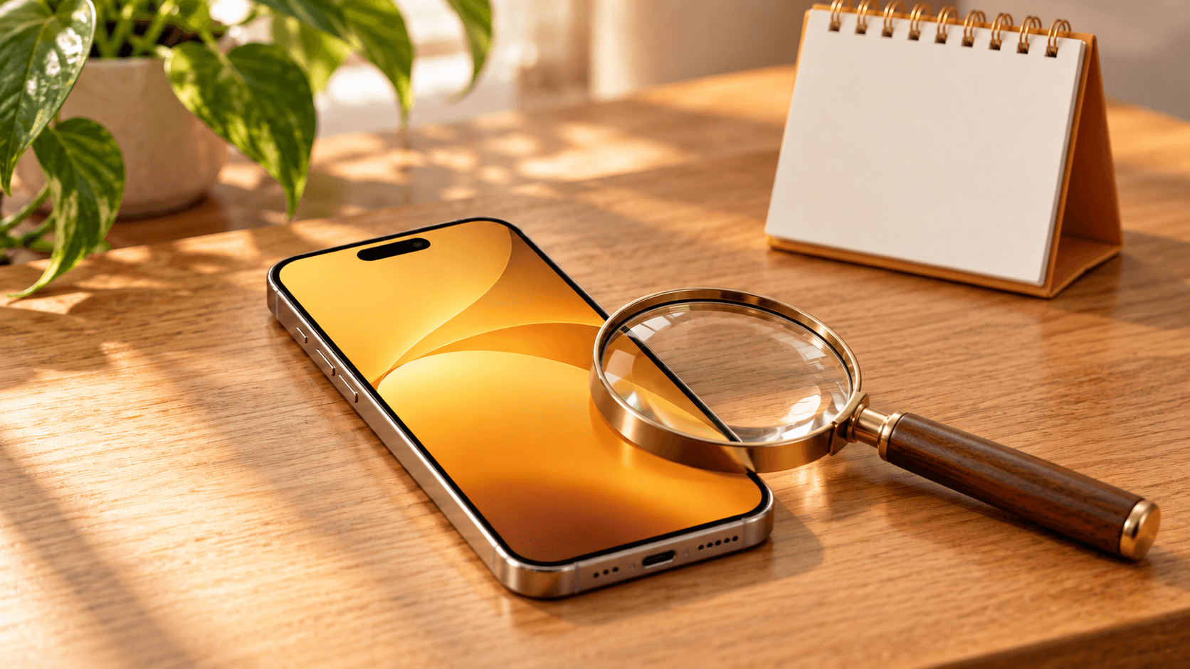 机の上のスマホと虫眼鏡でOSの更新対象かを確かめるイメージ