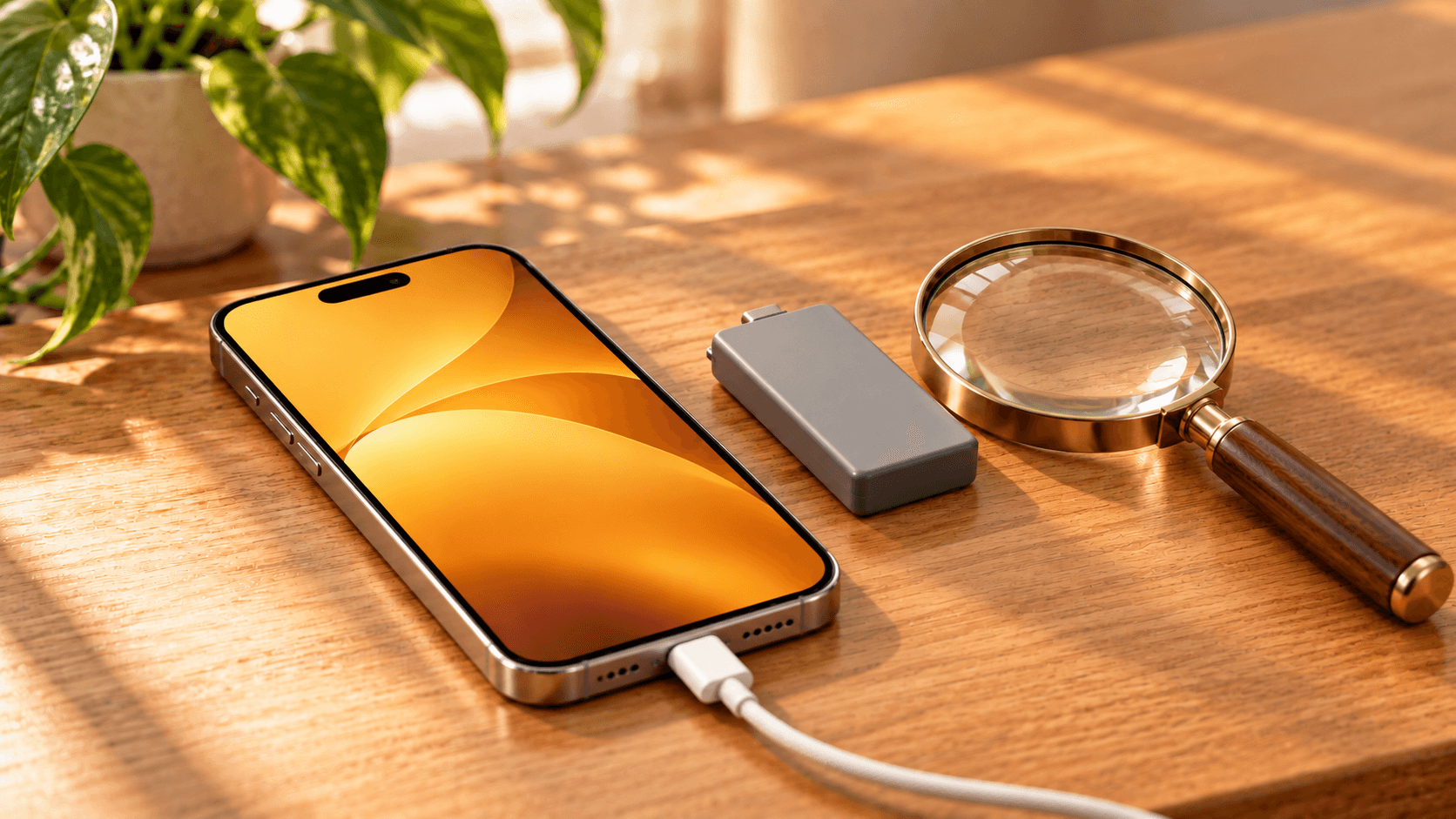 スマホとUSB-Cケーブル、バッテリー形の物体と虫眼鏡を並べたイメージ