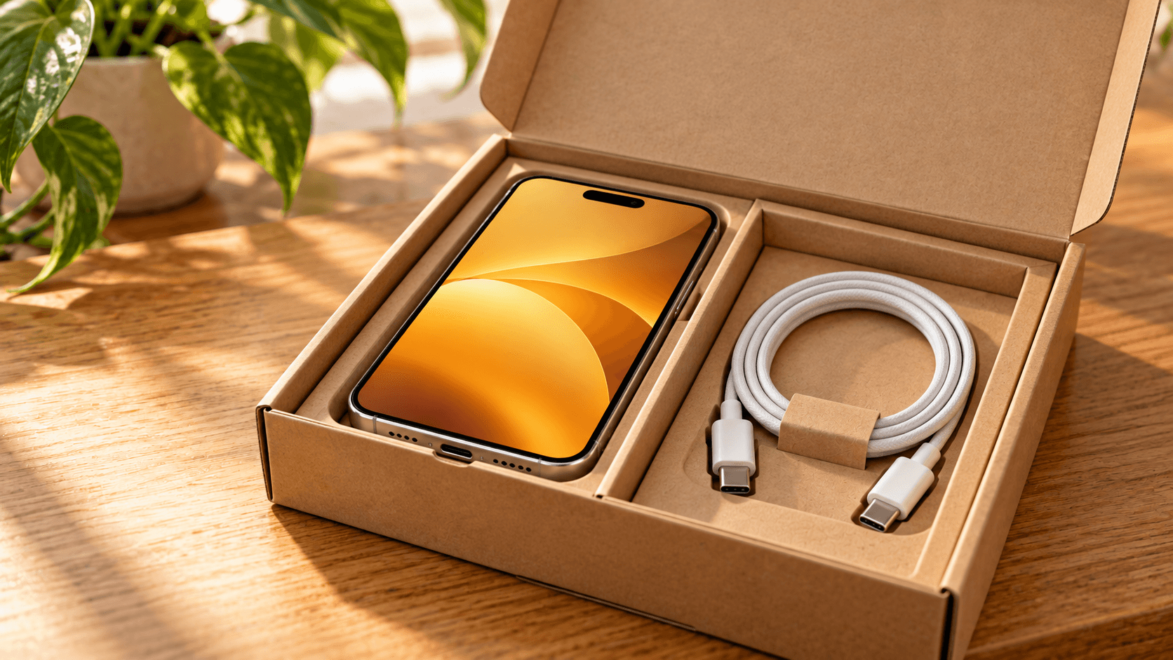 箱に入ったスマホとUSB-Cケーブルを並べた整備済み品の購入イメージ