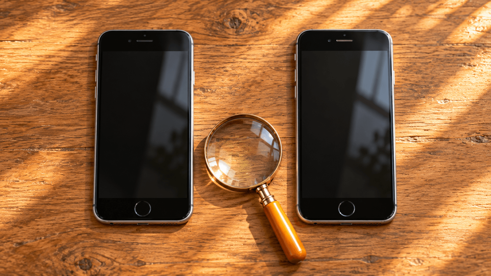 iPhone 8とiPhone 8 Plusを並べ、虫眼鏡でアップデートの状況を確認するイメージ